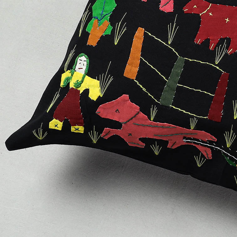 ASHOKA ASSEMBLE - CELEBRATING CRAFTS OF ODISHA Black - Pipli Applique Work Cotton Cushion Cover (16 x 16 in) - view 2