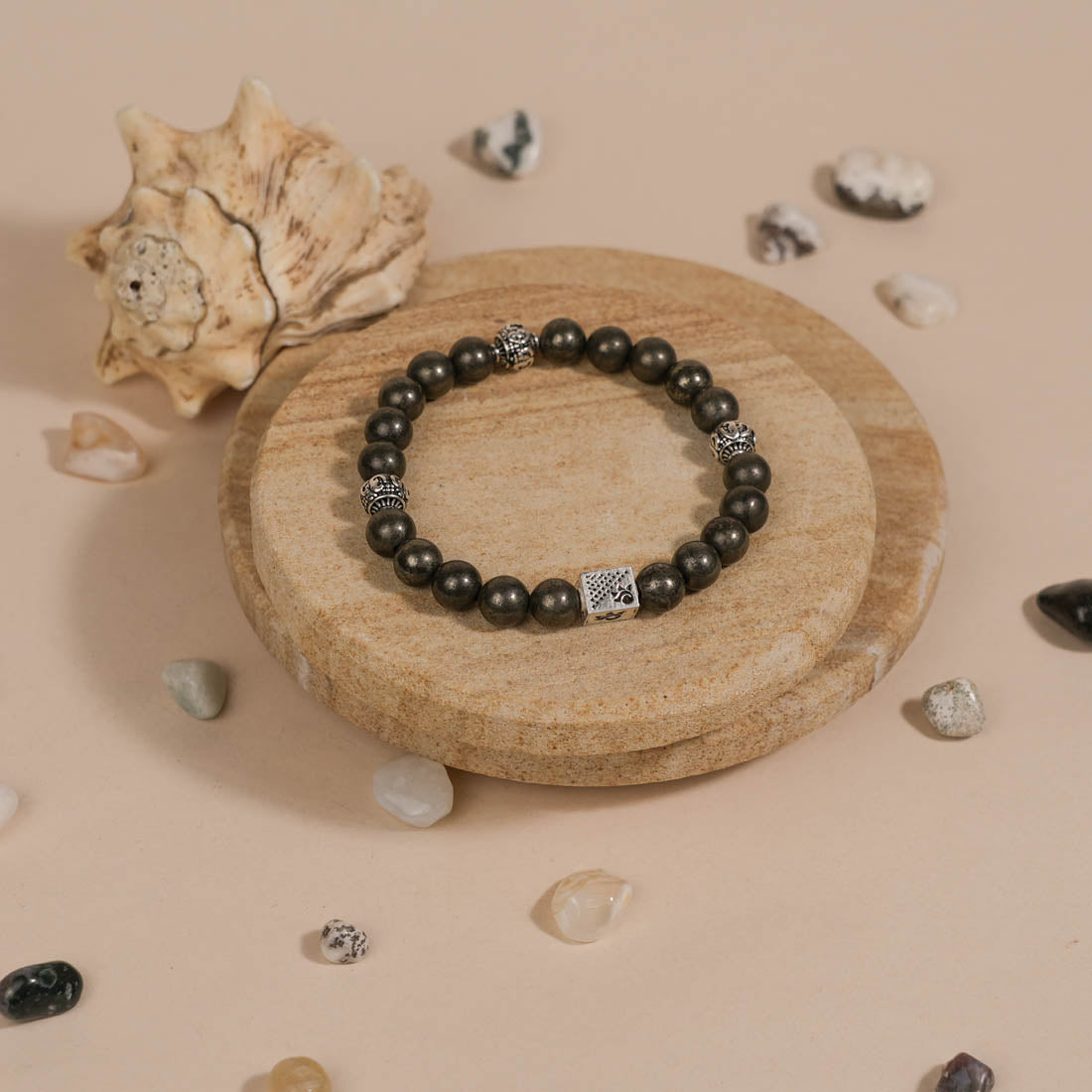 Prinjal Jewellers Pyrite Stone with Om Silver Beads Bracelet - view 2