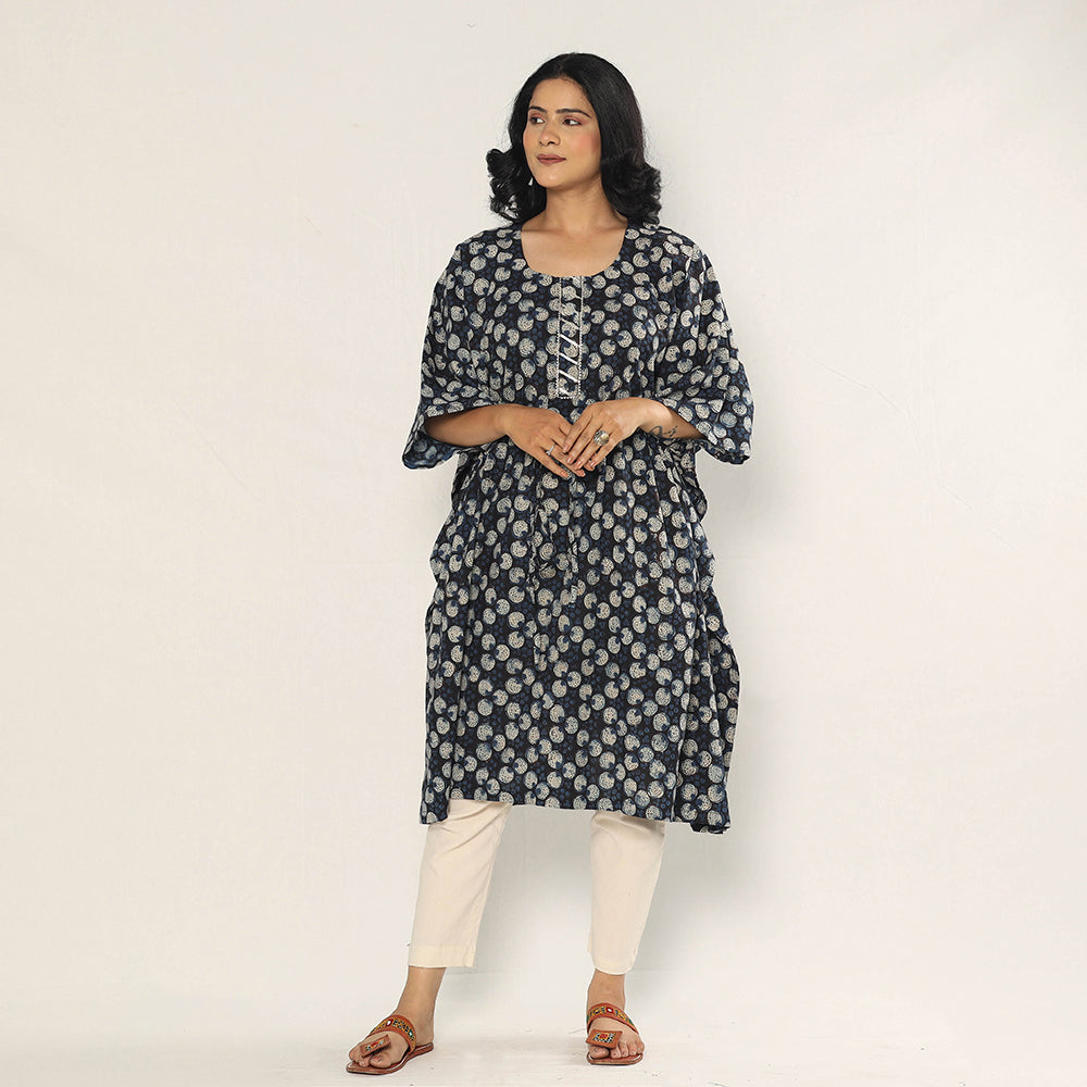 ITOKRI CASUALS Black - Bagru Dabu Block Printing Cotton Kaftan Dress (Medium)