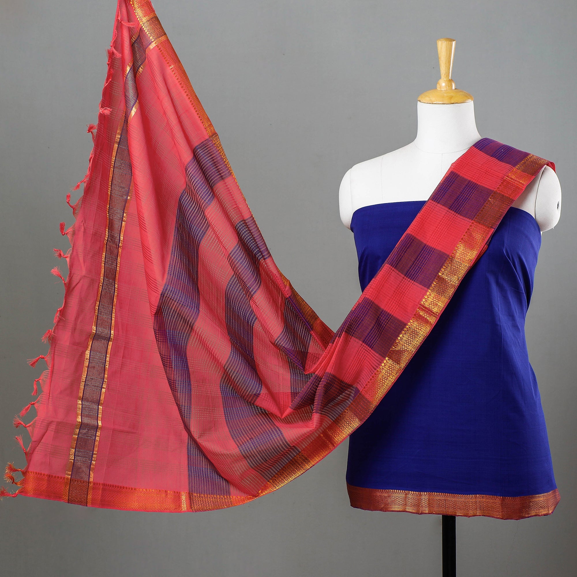 ITOKRI CRAFTS INITIATIVE Blue - 3pc Mangalagiri Handloom Cotton Suit Material Set with Zari Border
