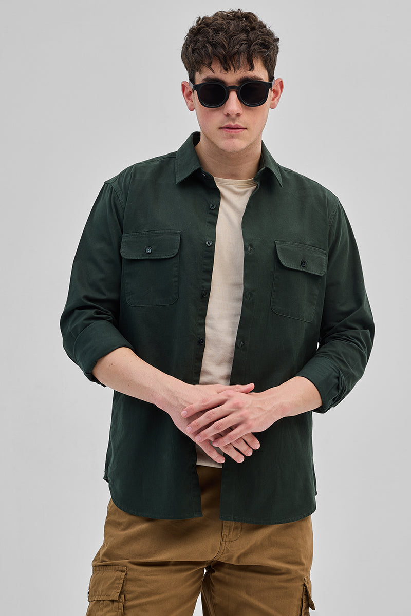 SNITCH Dark Green Solid Double Pocket Overshirt