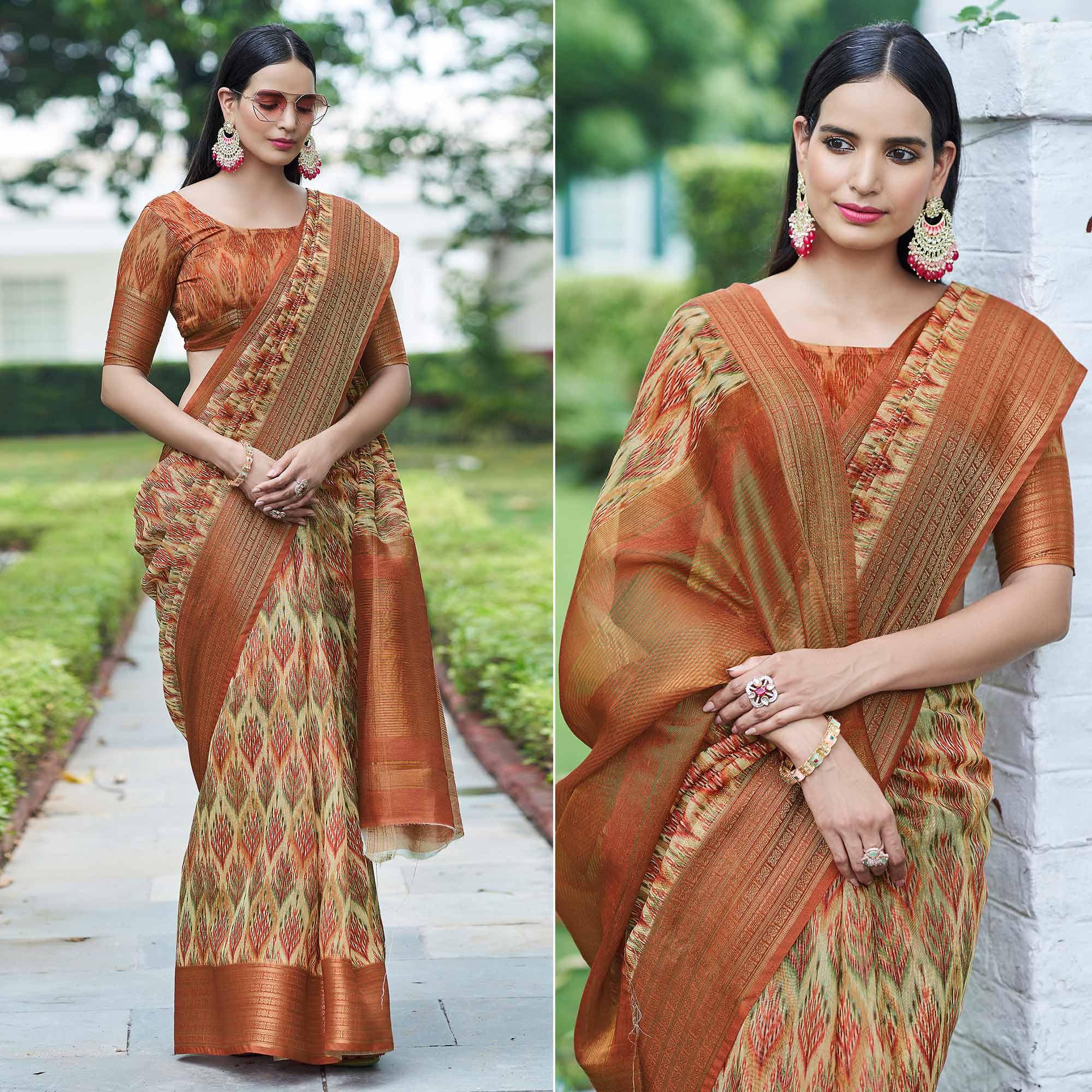 Peachmode Cream Digital Printed Linen Saree – Women's
