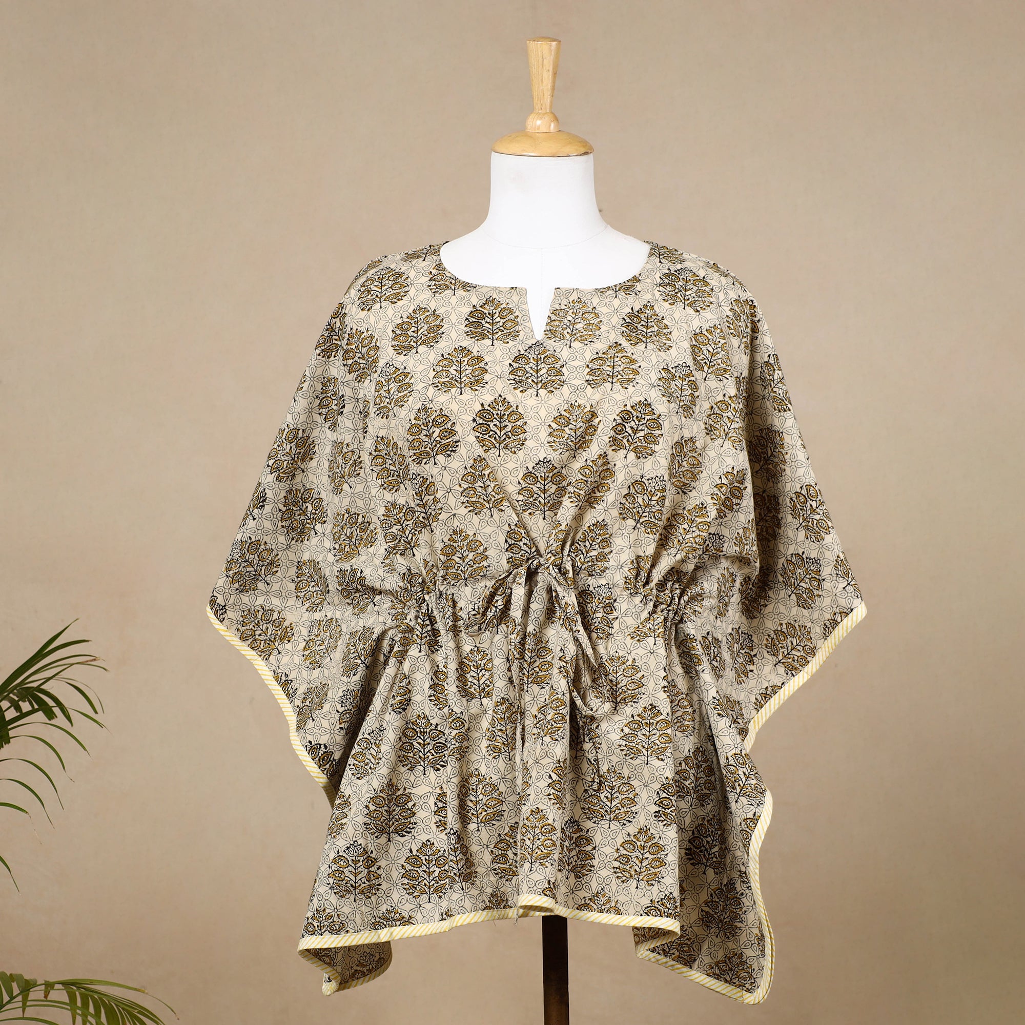 CHUTNEY CRAFT STUDIO Beige - Hand Block Printed Cotton Kaftan with Tie-Up Waist (Short)