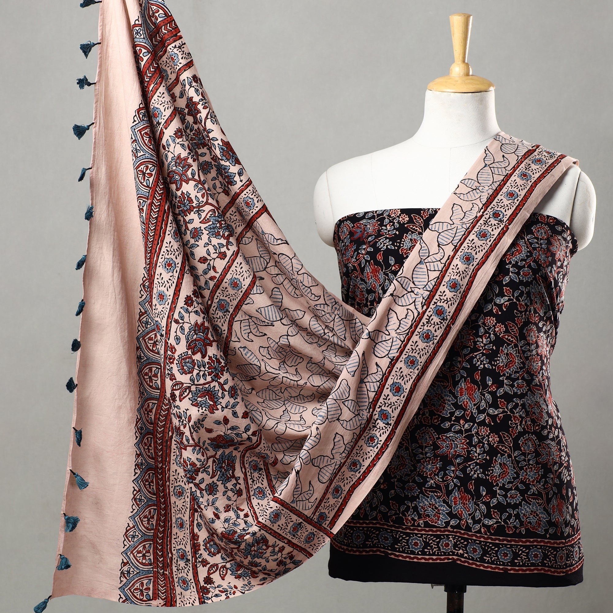 AJRAKH BY JABBAR KHATRI Black - 3pc Ajrakh Block Printed Natural Dyed Cotton Suit Material Set 08
