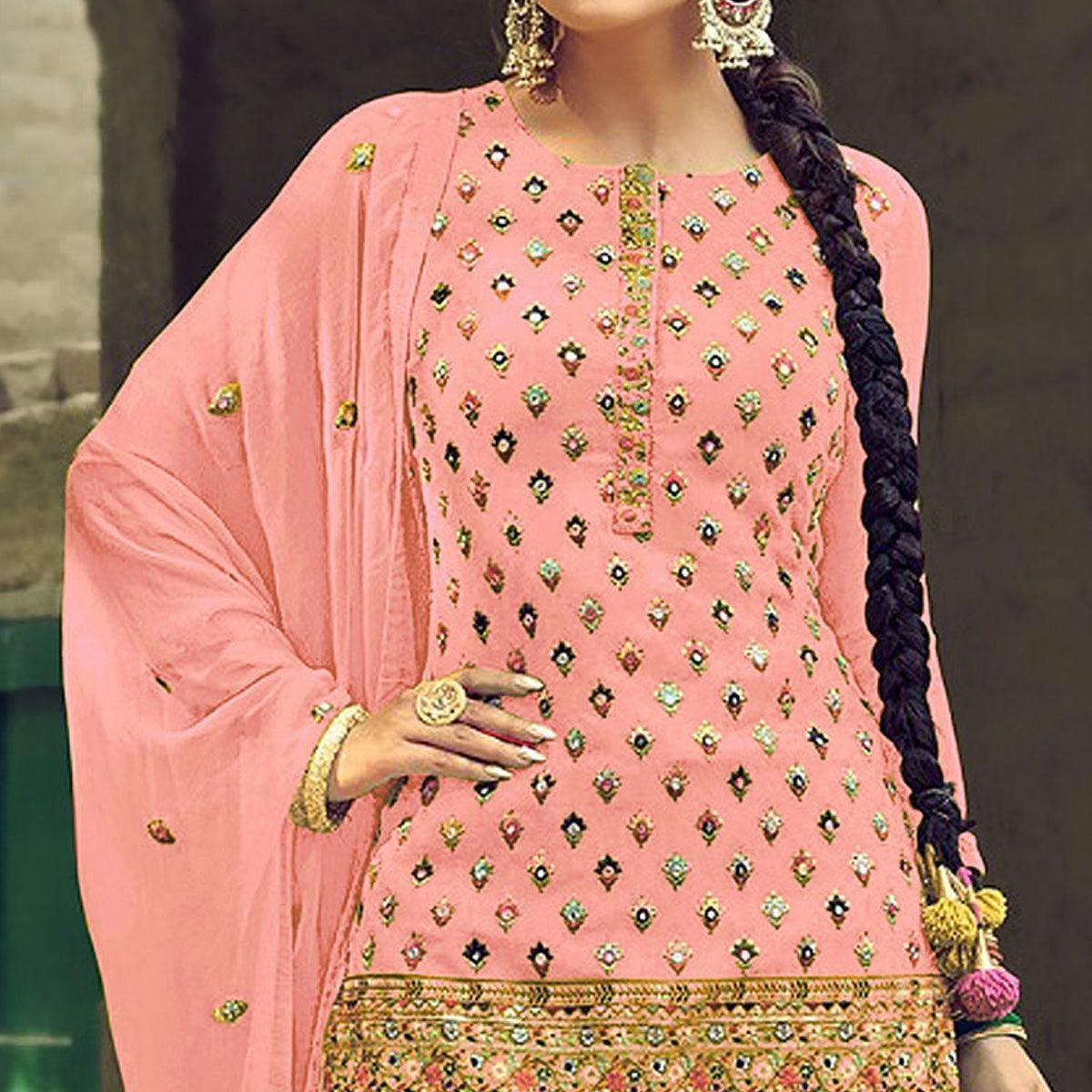 Peachmode Festive Wear Light Pink Sequins Embroidery Work Faux Georgette Patiala Suit - view 2