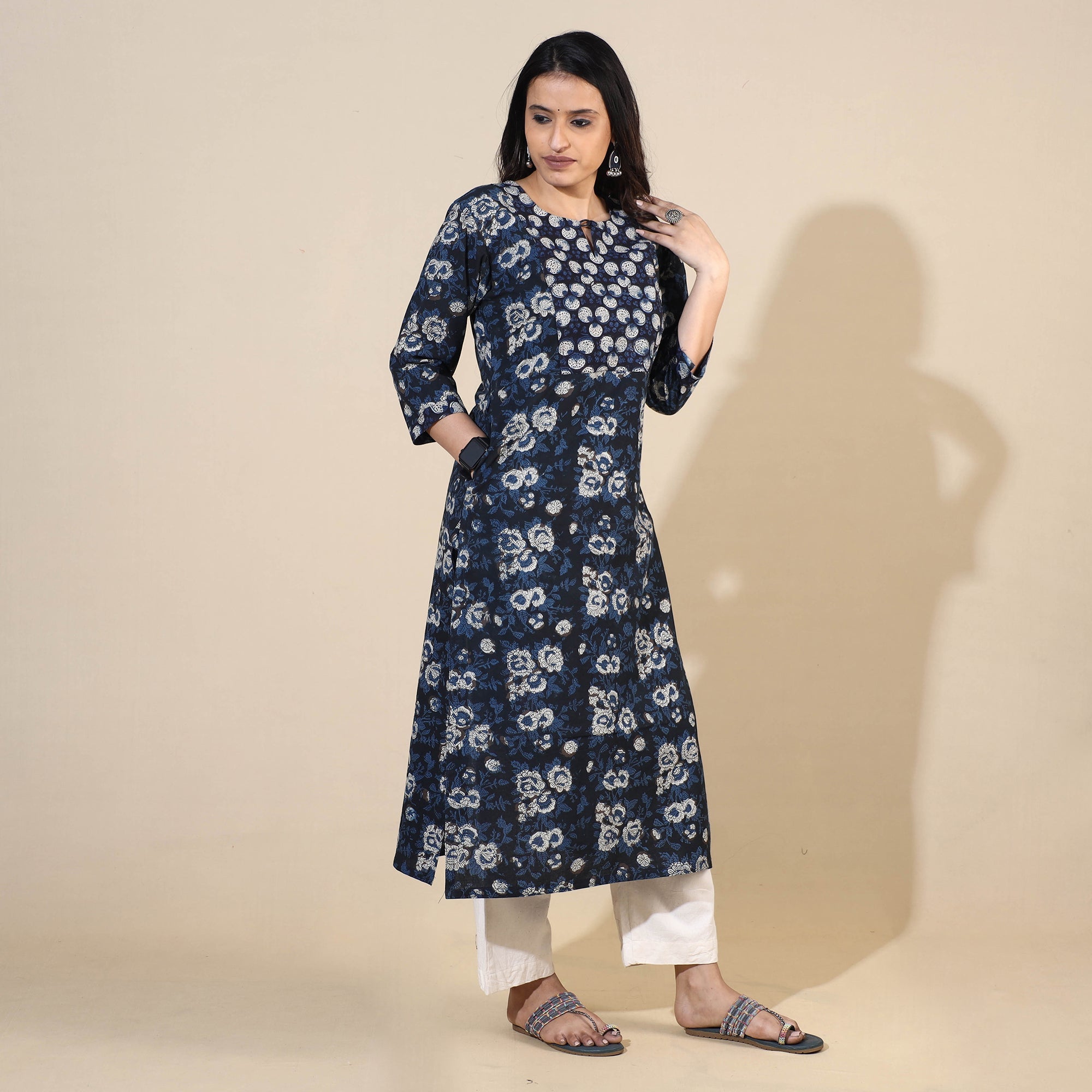 ITOKRI CASUALS Blue - Bagru Hand Block Printed Cotton Long Kurta - view 4