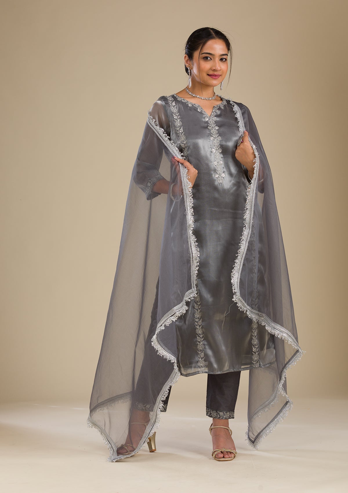 Koskii Grey Zariwork Crepe Readymade Salwar Suit - view 7