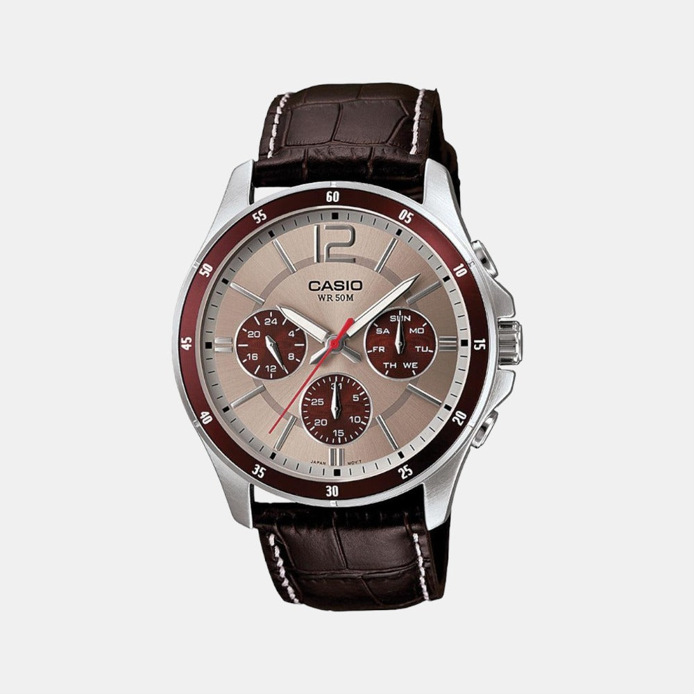 Casio Enticer Men Quartz Beige Dial Chronograph Leather Watch A1886