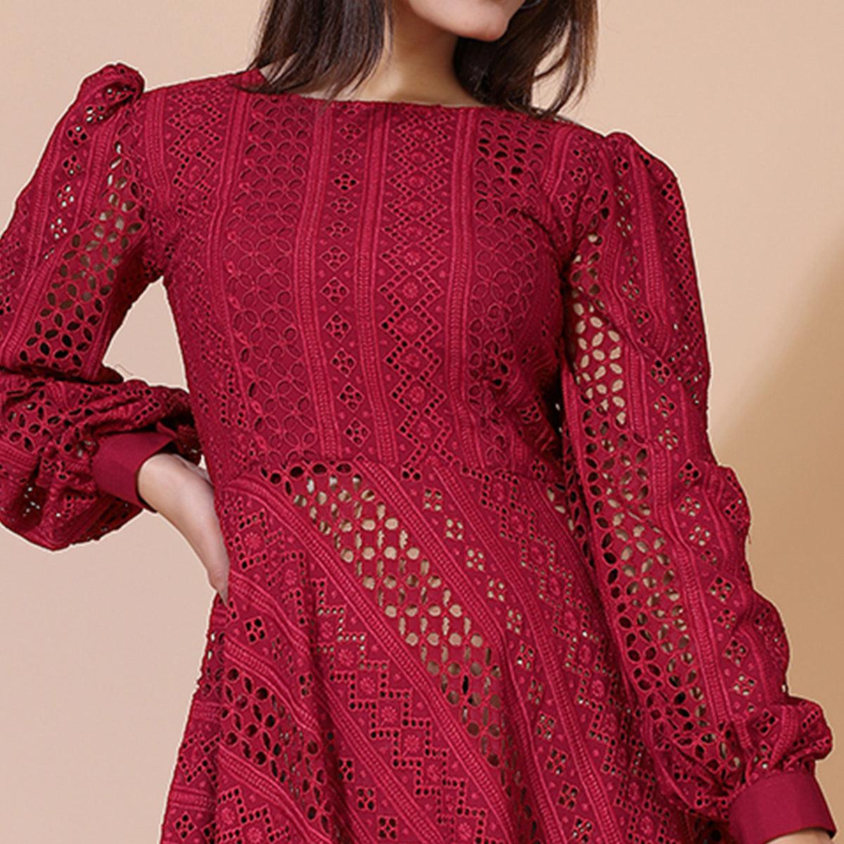 Peachmode Seller Maroon Lucknowi Chikankari Work Rayon Western Dress - view 3