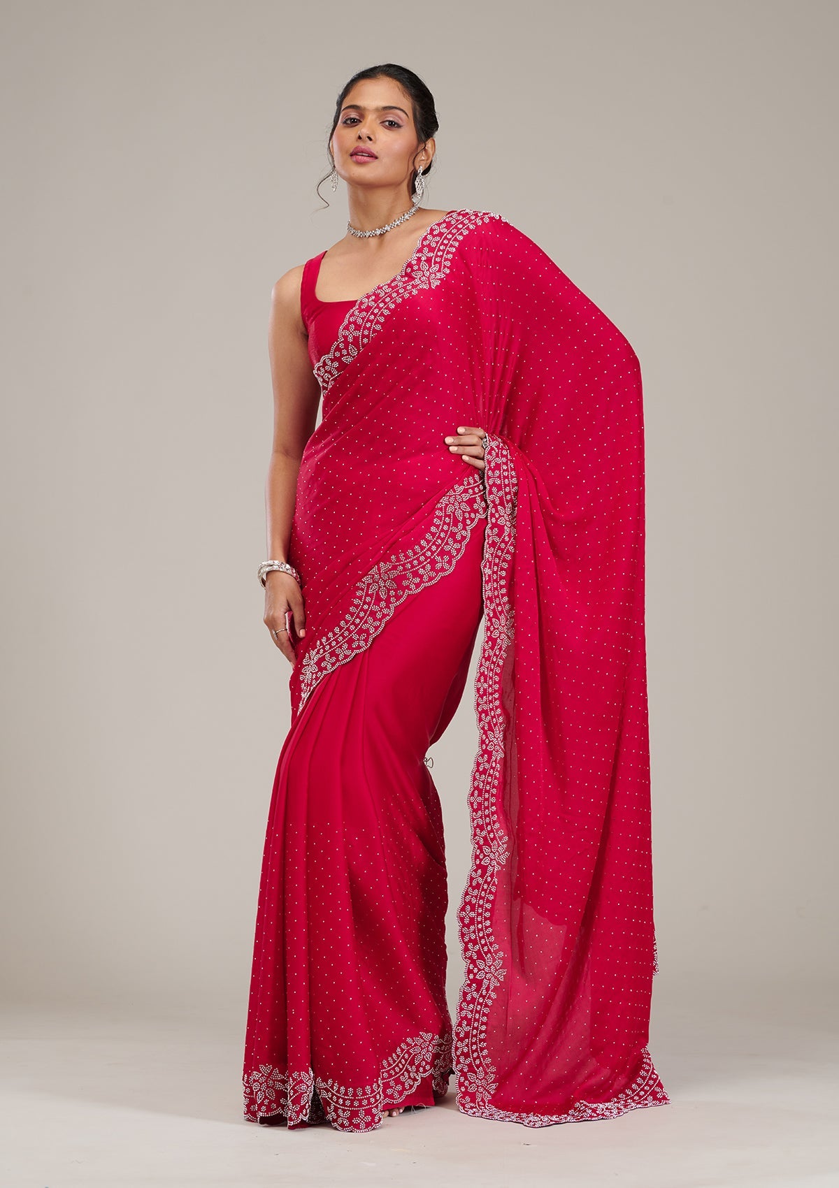 Koskii Rani Pink Swarovski Satin Saree – Women's