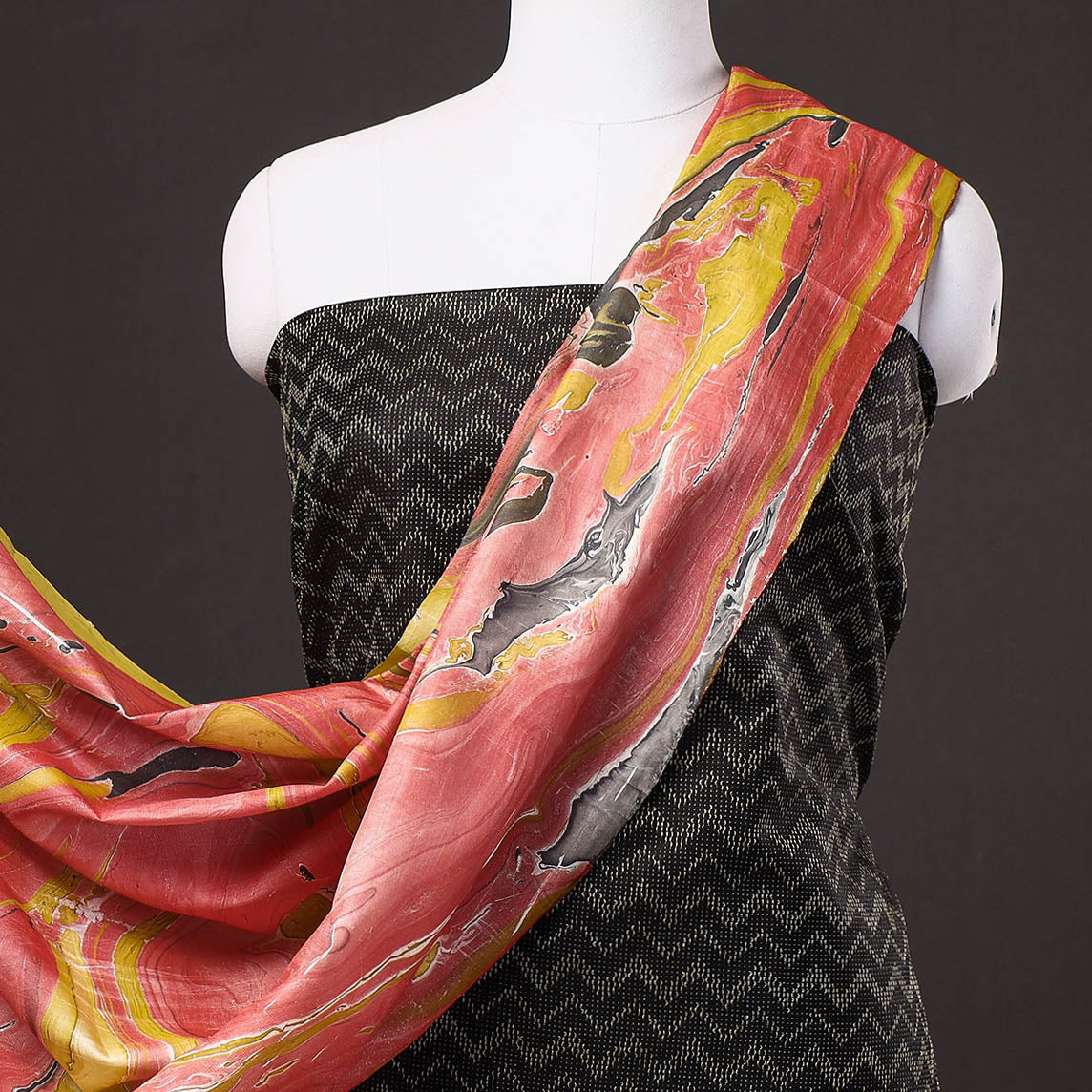 RUISA Black - 3pc Handloom Mulberry Suit Material Set with Banana Silk Marble Printed Dupatta - view 3