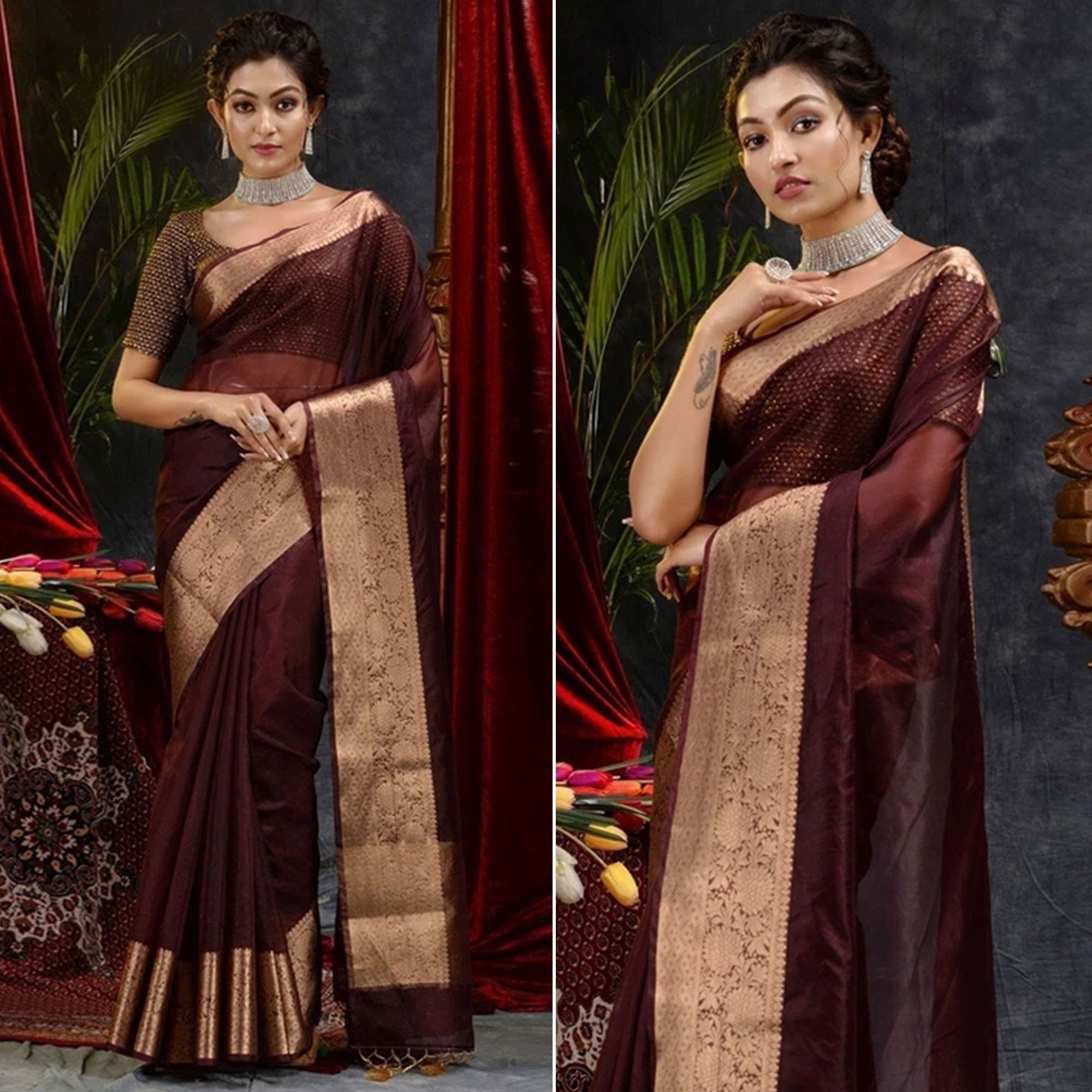 Peachmode Dark Maroon Solid Organza Saree With Zari Border