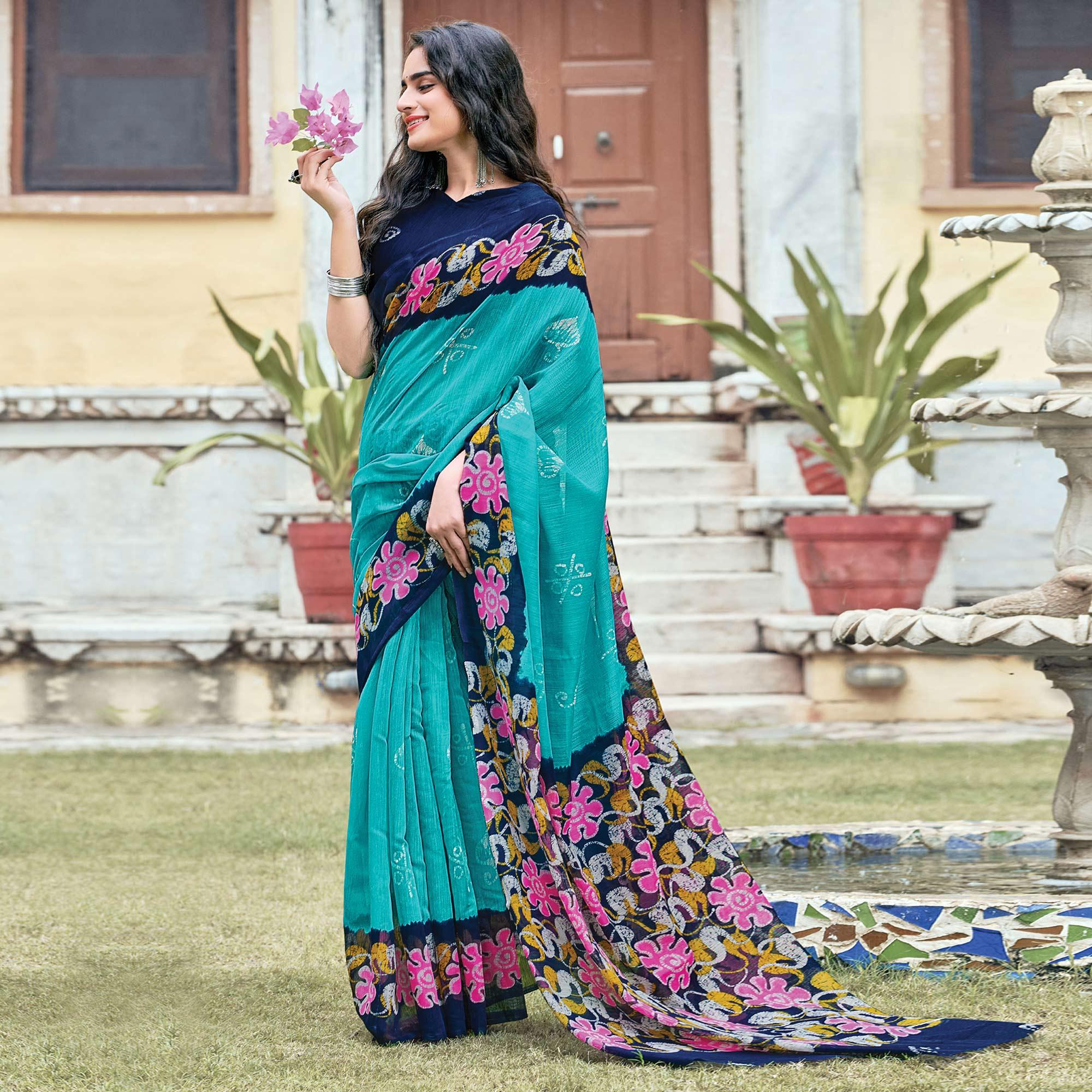 Peachmode Light Blue Casual Wear Printed Cotton Saree