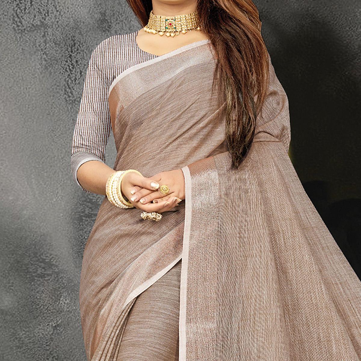 Peachmode Brown Festive Wear Solid Linen Saree - view 2