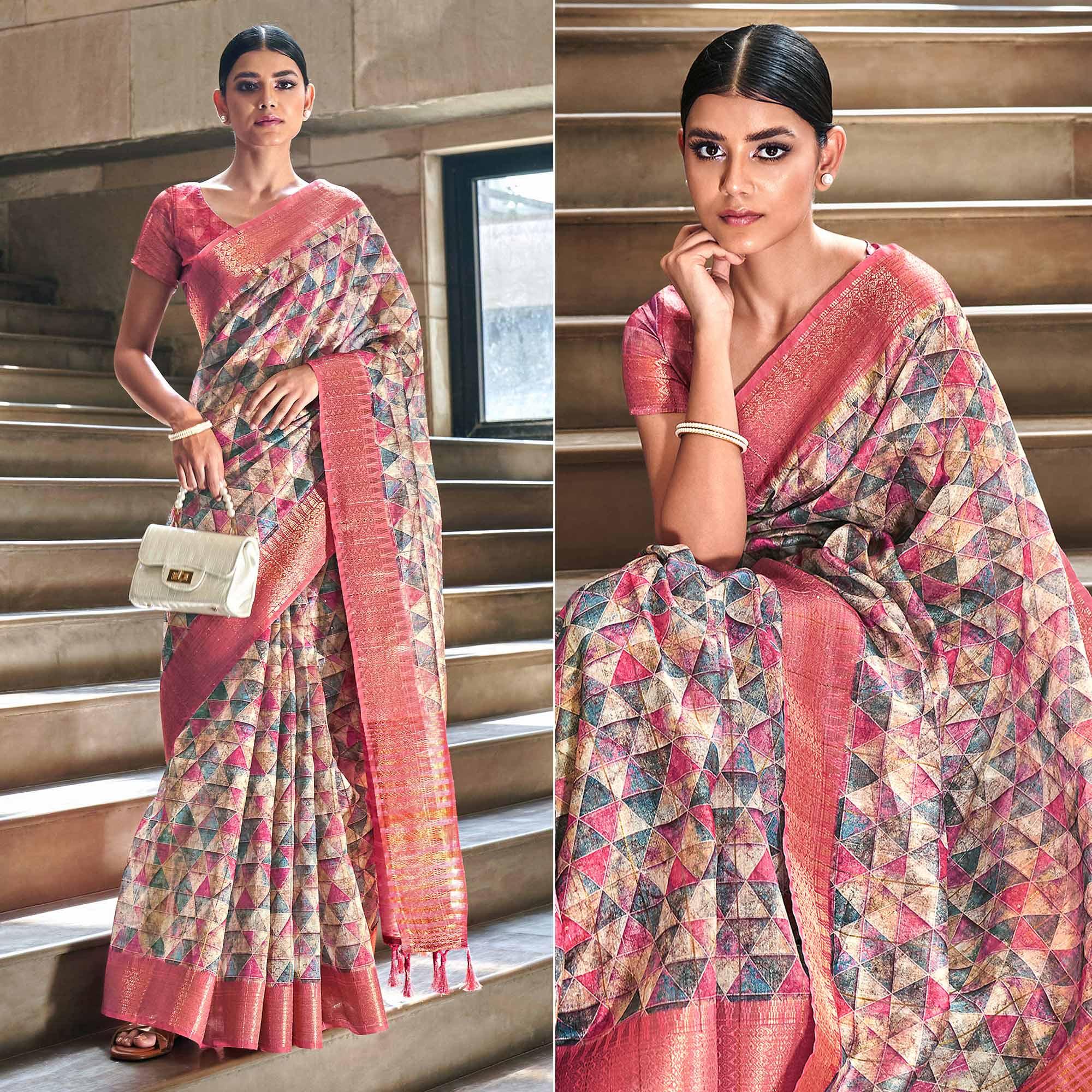 Peachmode Multicolor Digital Printed-Woven Art Silk Saree With Tassels