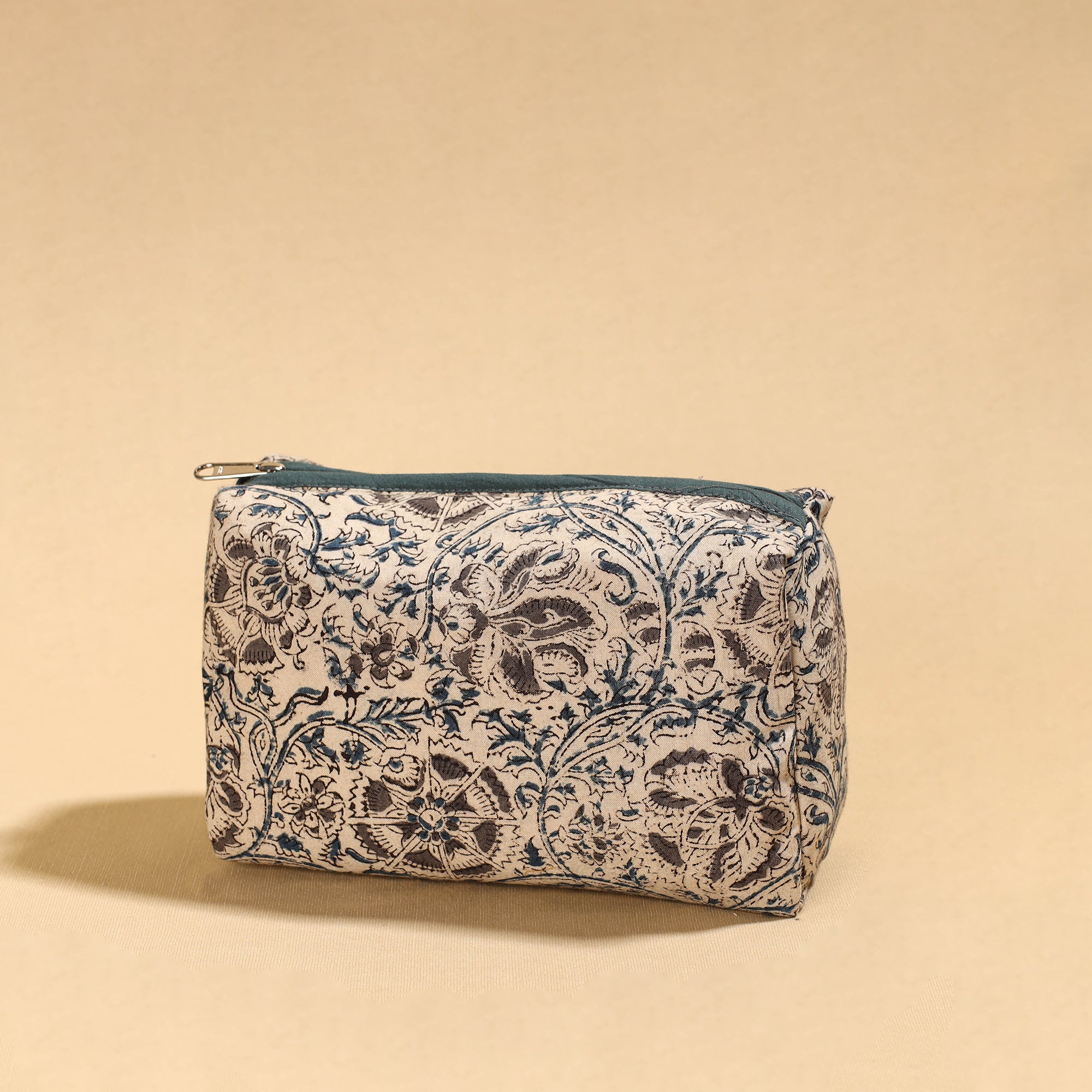 NOORI BAZAR Beige - Kalamkari Block Printed Cotton Toiletry Pouch 03