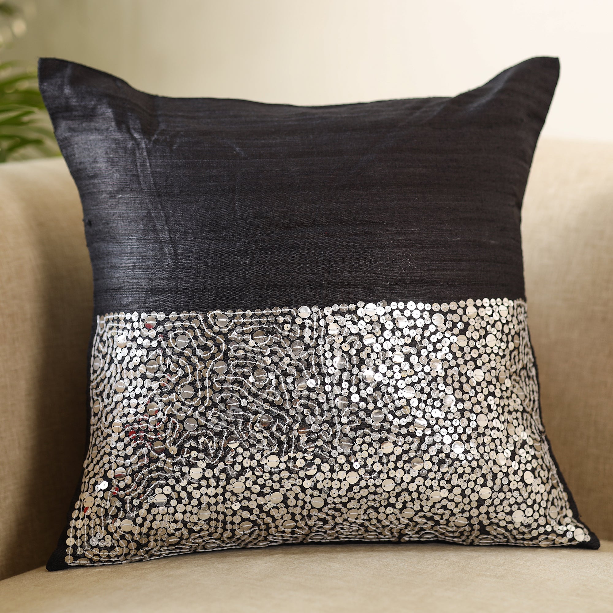 CHHATTISGARH HASTSHILP VIKAS BOARD Black - Aari Embroidery Sequin Work Ghicha Silk Cushion Cover (16 x 16 in) - view 2