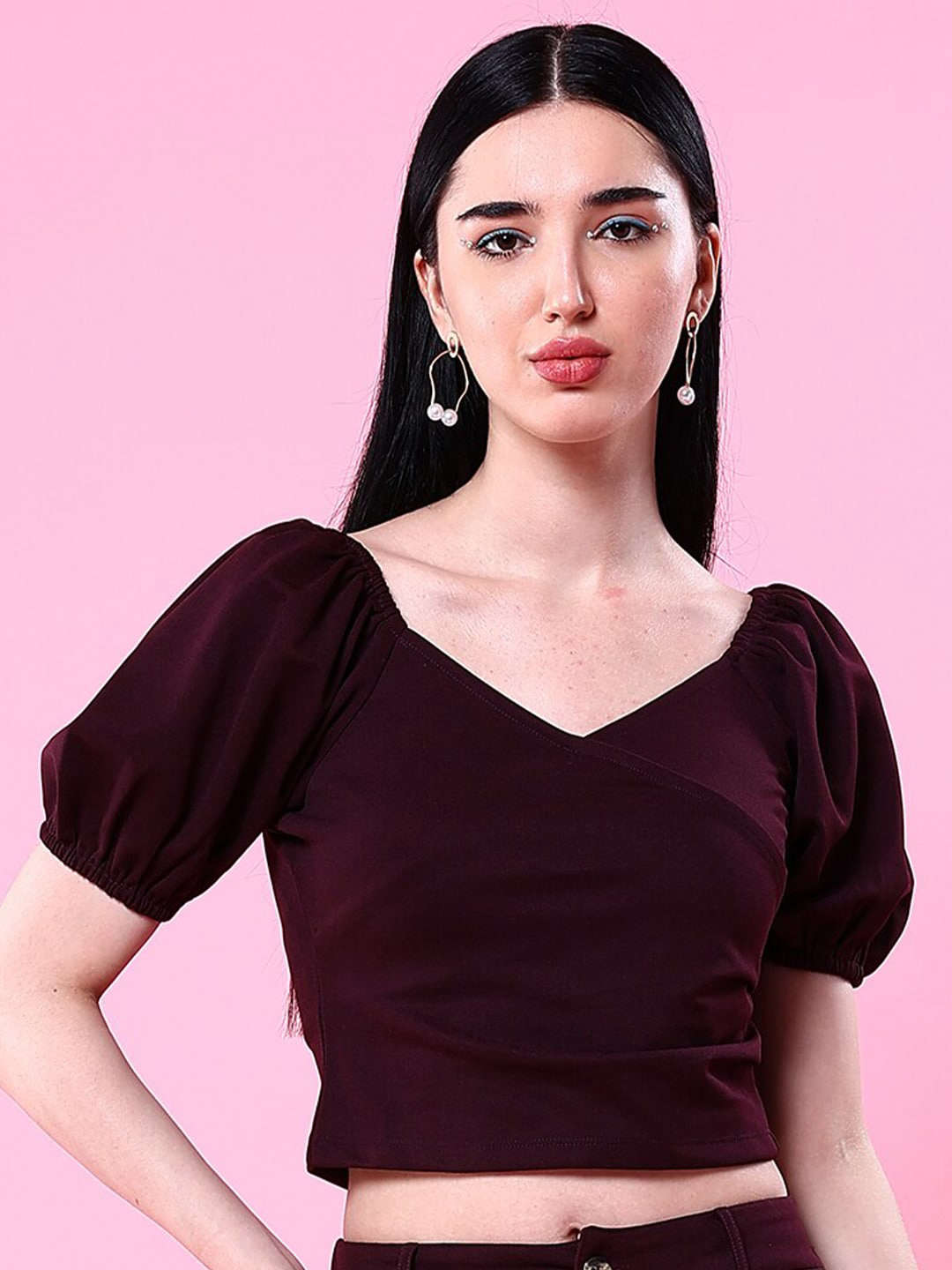 Freehand By The Indian Garage Co Women V Neck Top With Puff Sleeves