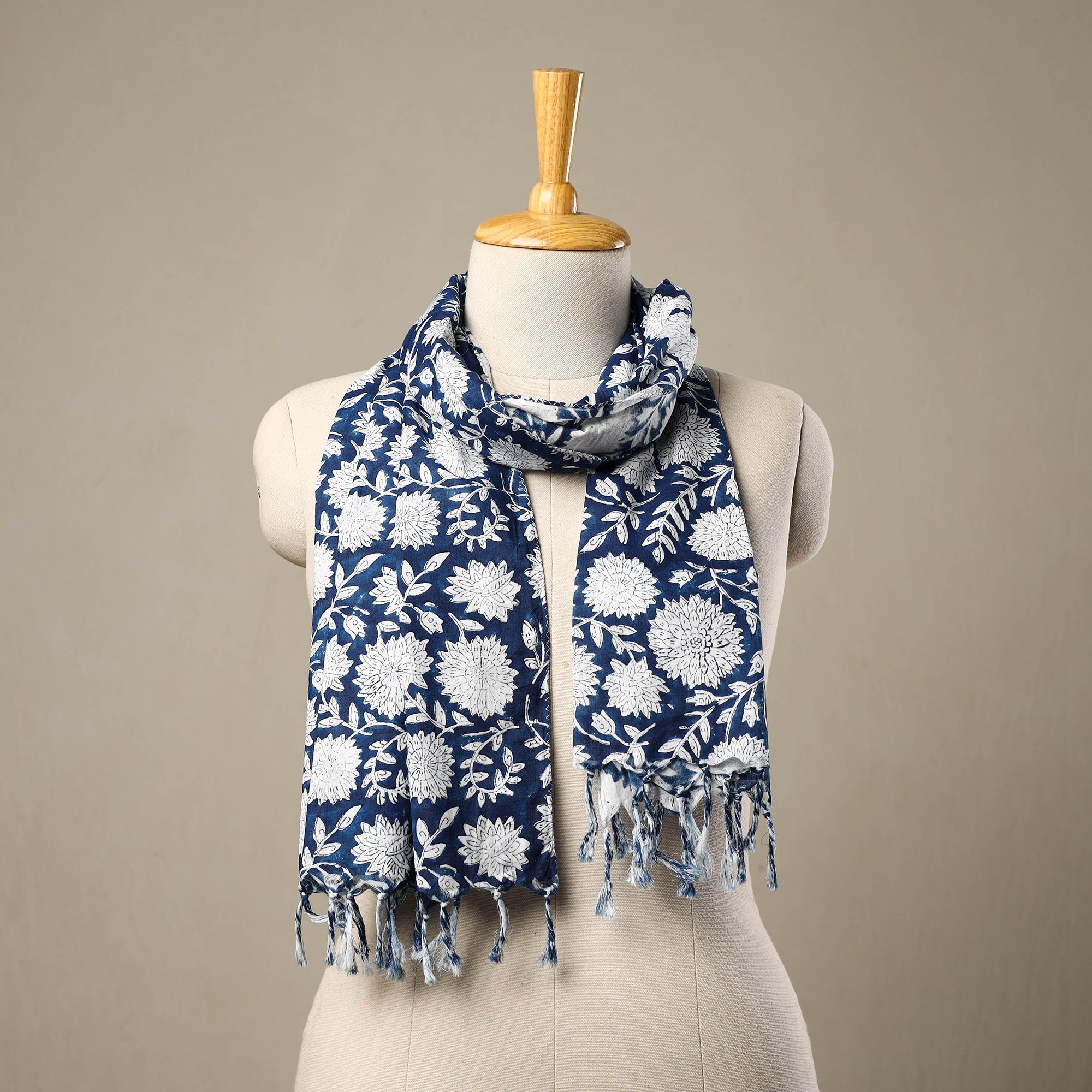 HAVELI CHRONICLES Blue - Block Print Cotton Sanganeri Stole with Tassels 243