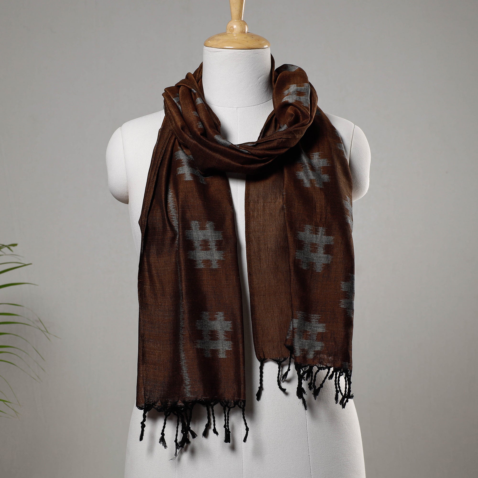 ASHOKA ASSEMBLE - CELEBRATING CRAFTS OF ODISHA Brown - Maniabandha Ikat Handloom Cotton Stole with Tassels