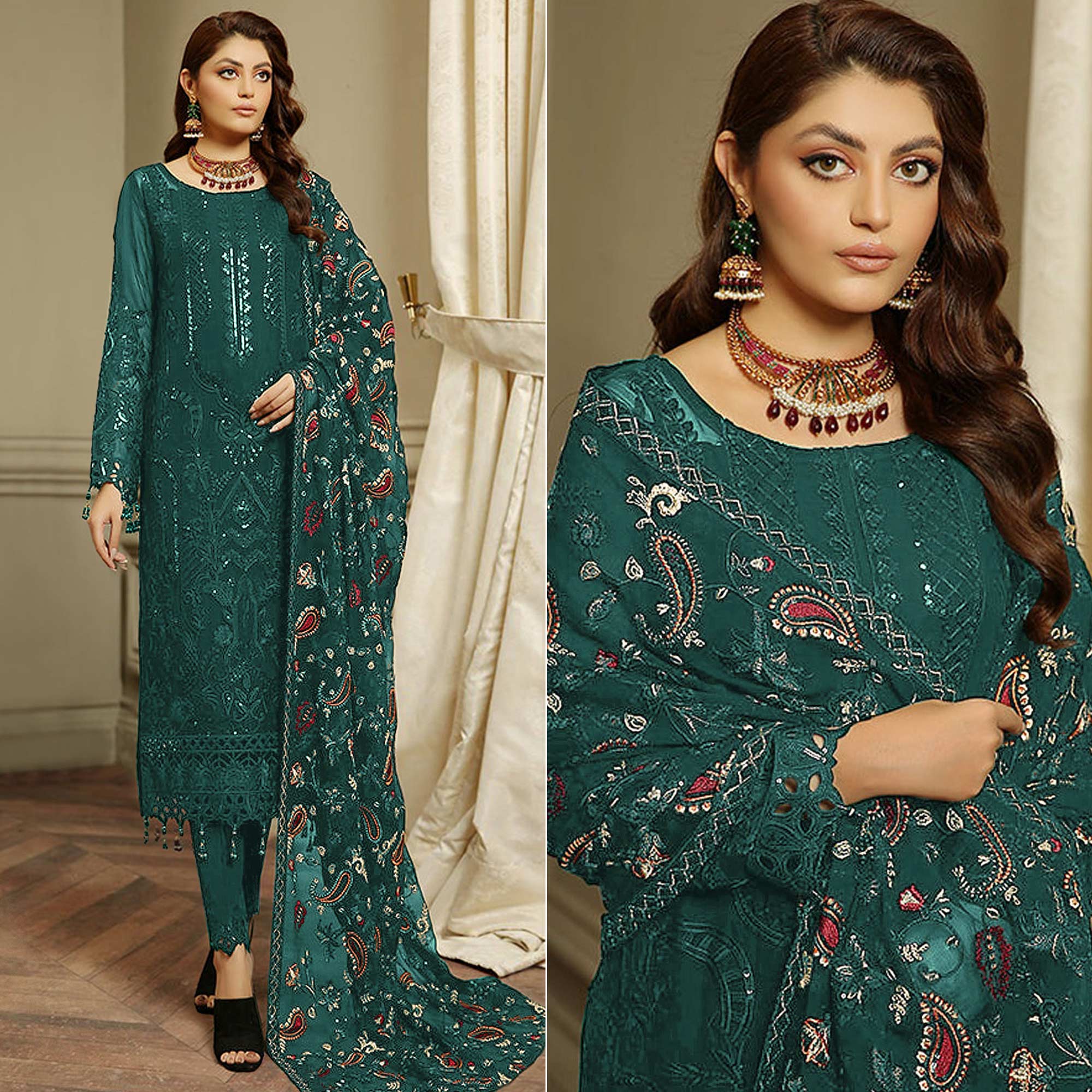Green suits – BlackTree green-embroidered-georgette-semi-stitched-pakistani-suit
