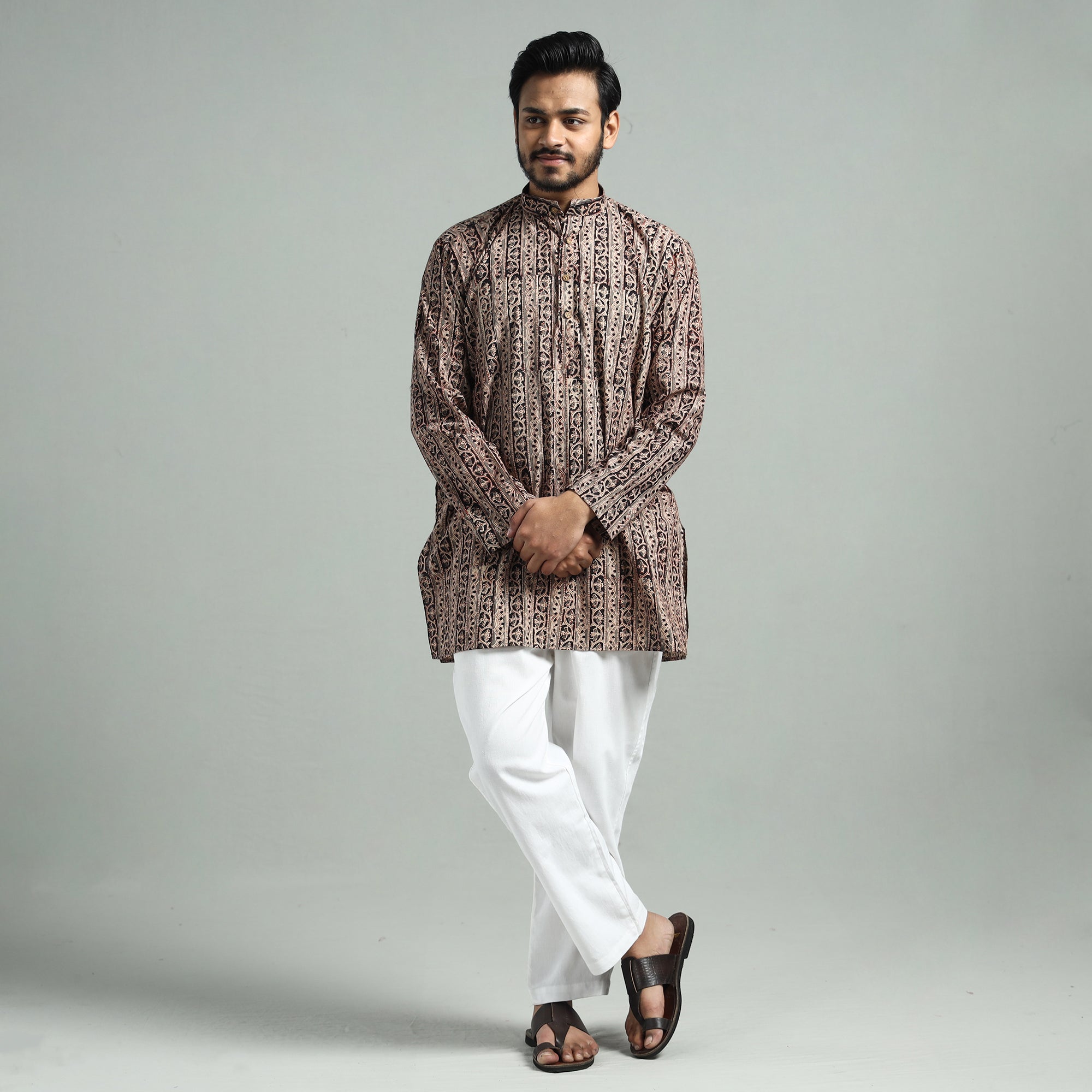 ITOKRI CASUALS Brown - Kalamkari Block Printed Cotton Men Short Kurta - view 2