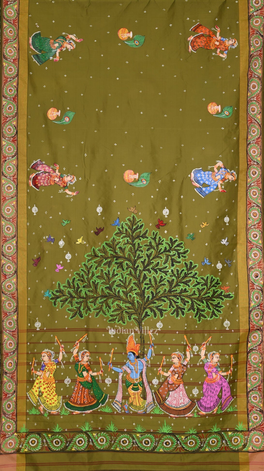 IndianVillèz Mehendi Green Krishna Hand-Painted Pattachitra Saree