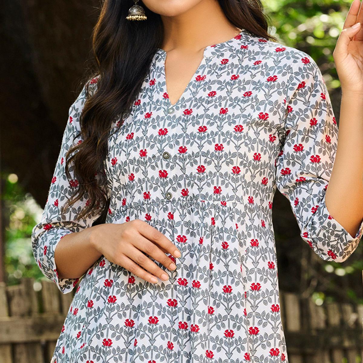 Peachmode Seller Grey-White Casual Wear Floral Printed Pure Cotton Kurti - view 2