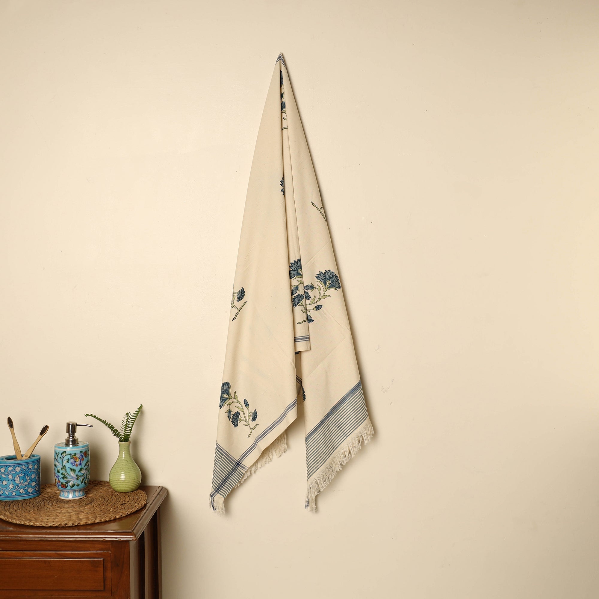 ARTISAN HAND BLOCK PRINTS Beige - Block Printed Handloom Cotton Sanganeri Towel 27