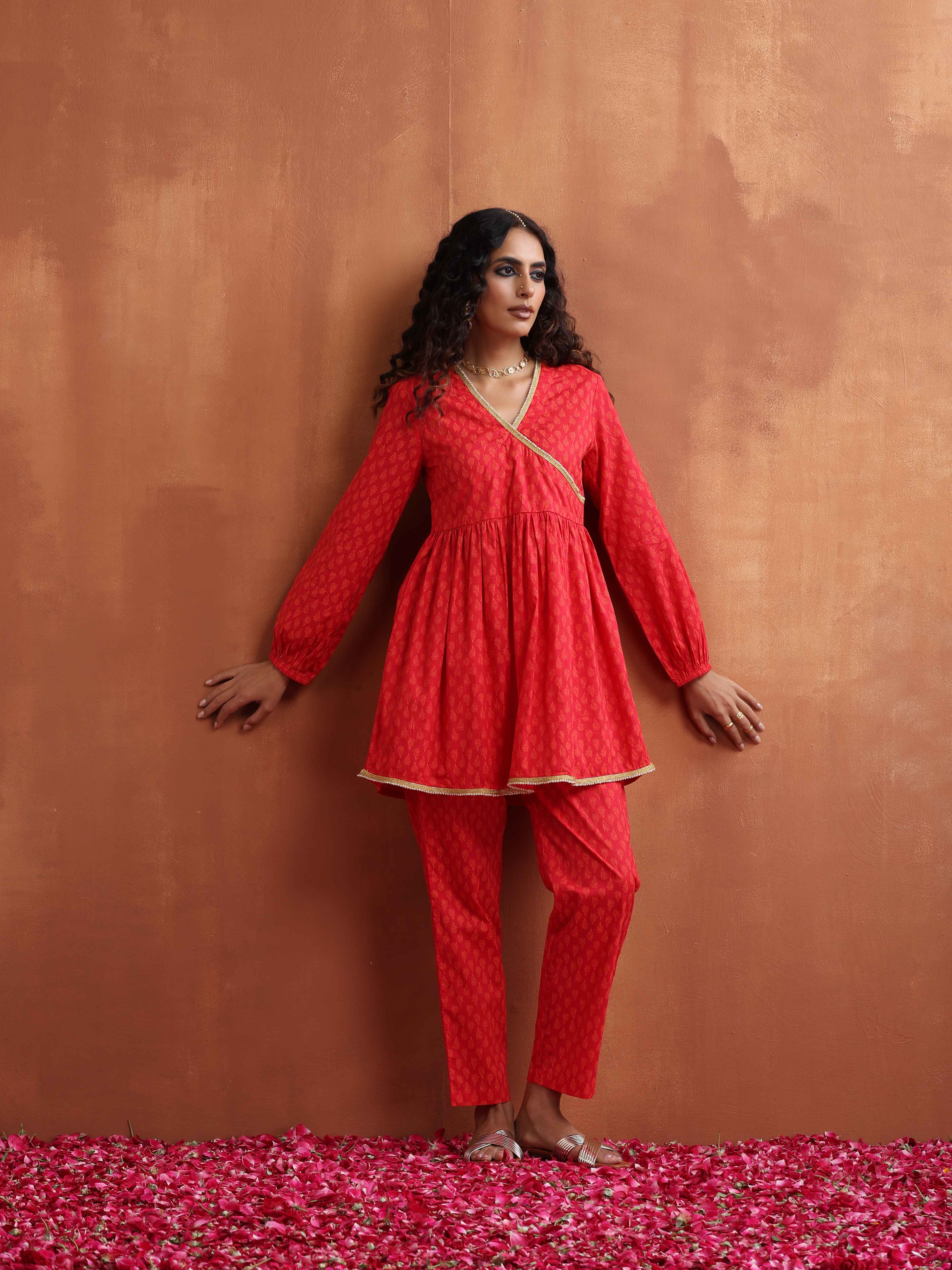 trueBrowns Red Print Angrakha Co-ord Set - view 2