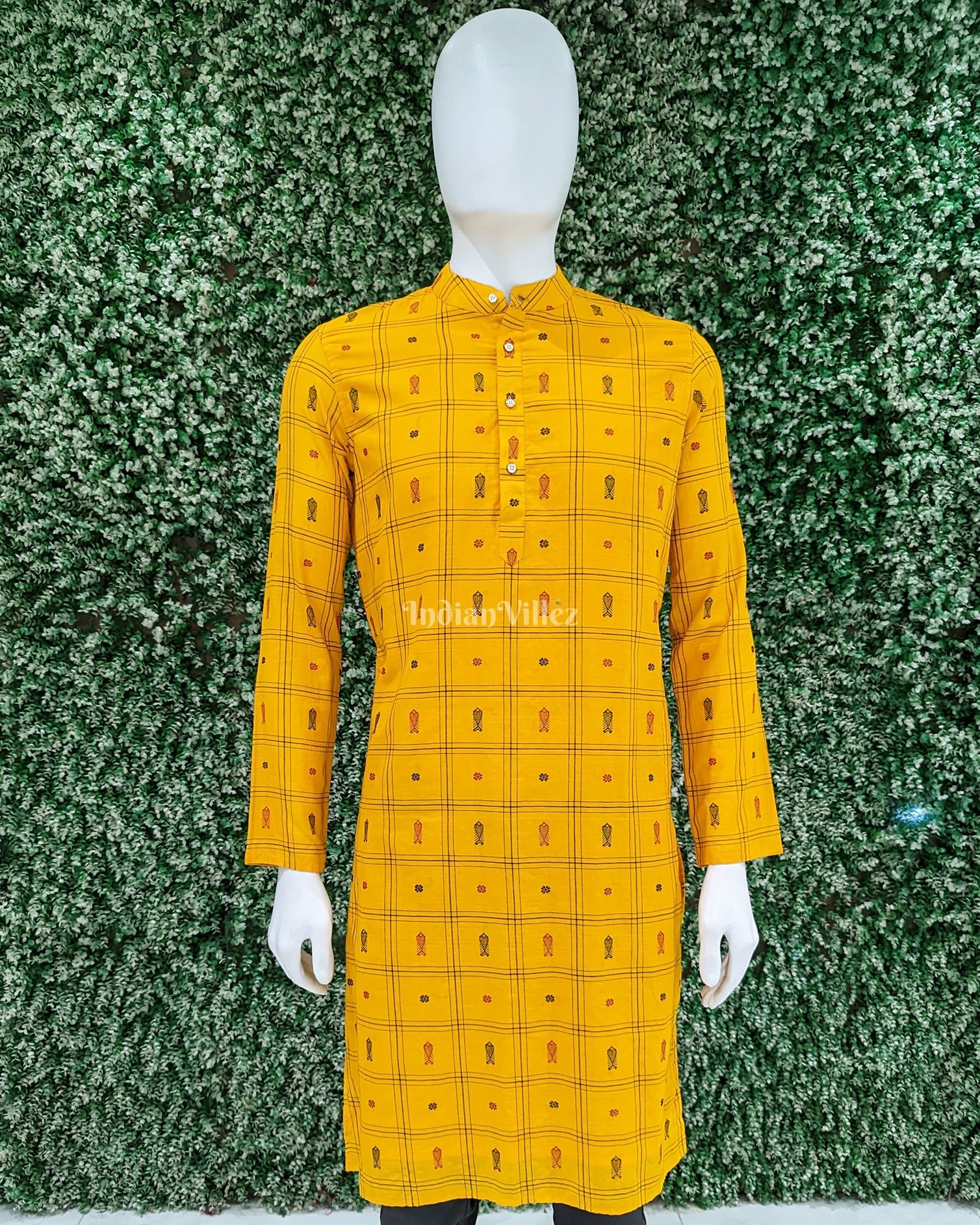 IndianVillèz Yellow Fish Butta Motif Bomkai Odisha Ikat Cotton Long Kurta For Men