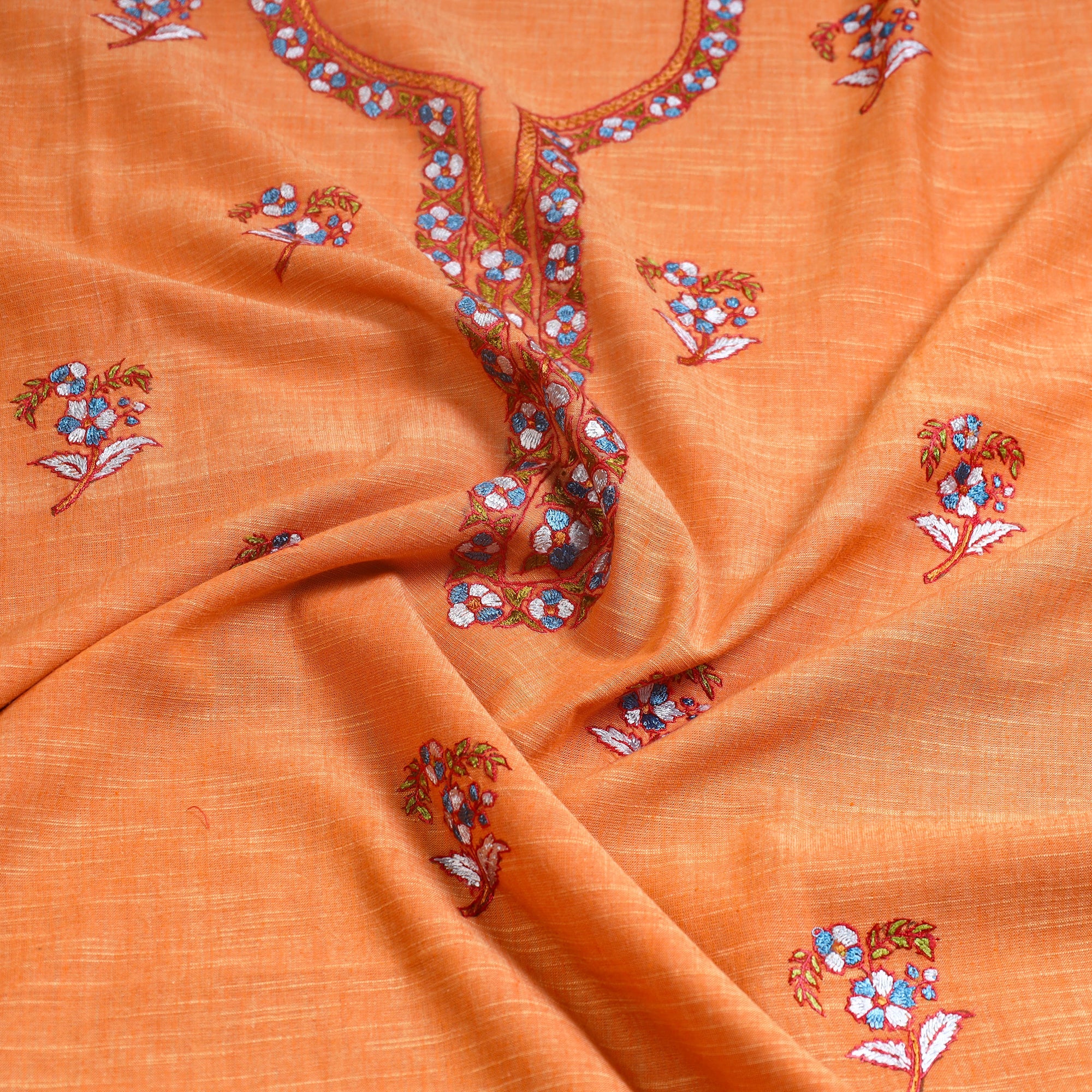 ITOKRI CRAFTS INITIATIVE Orange - Kashida Hand Embroidery Cotton Kurta Material (2.5m) 38 - view 2
