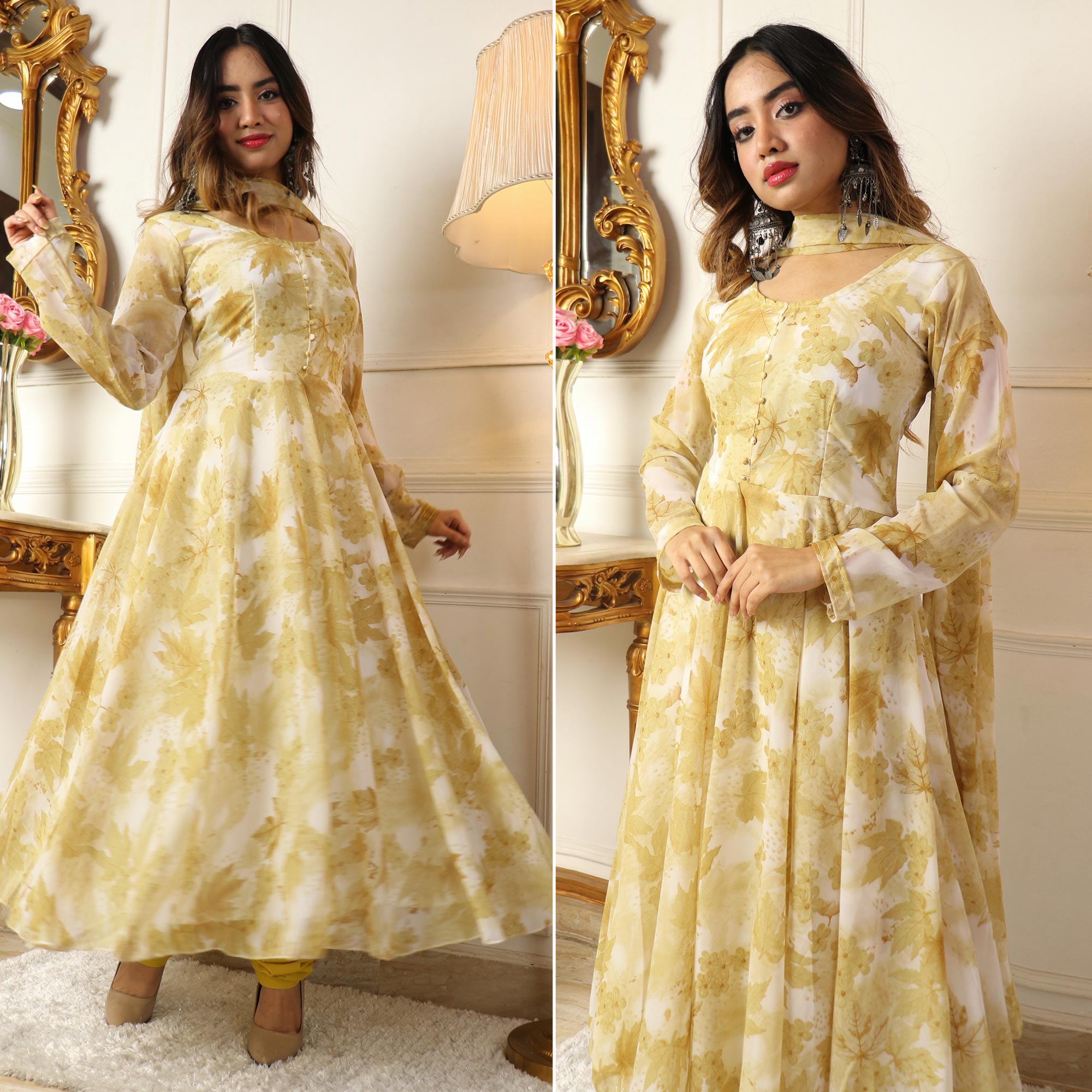 Peachmode Seller Light Yellow Floral Printed Georgette Anarkali Suit