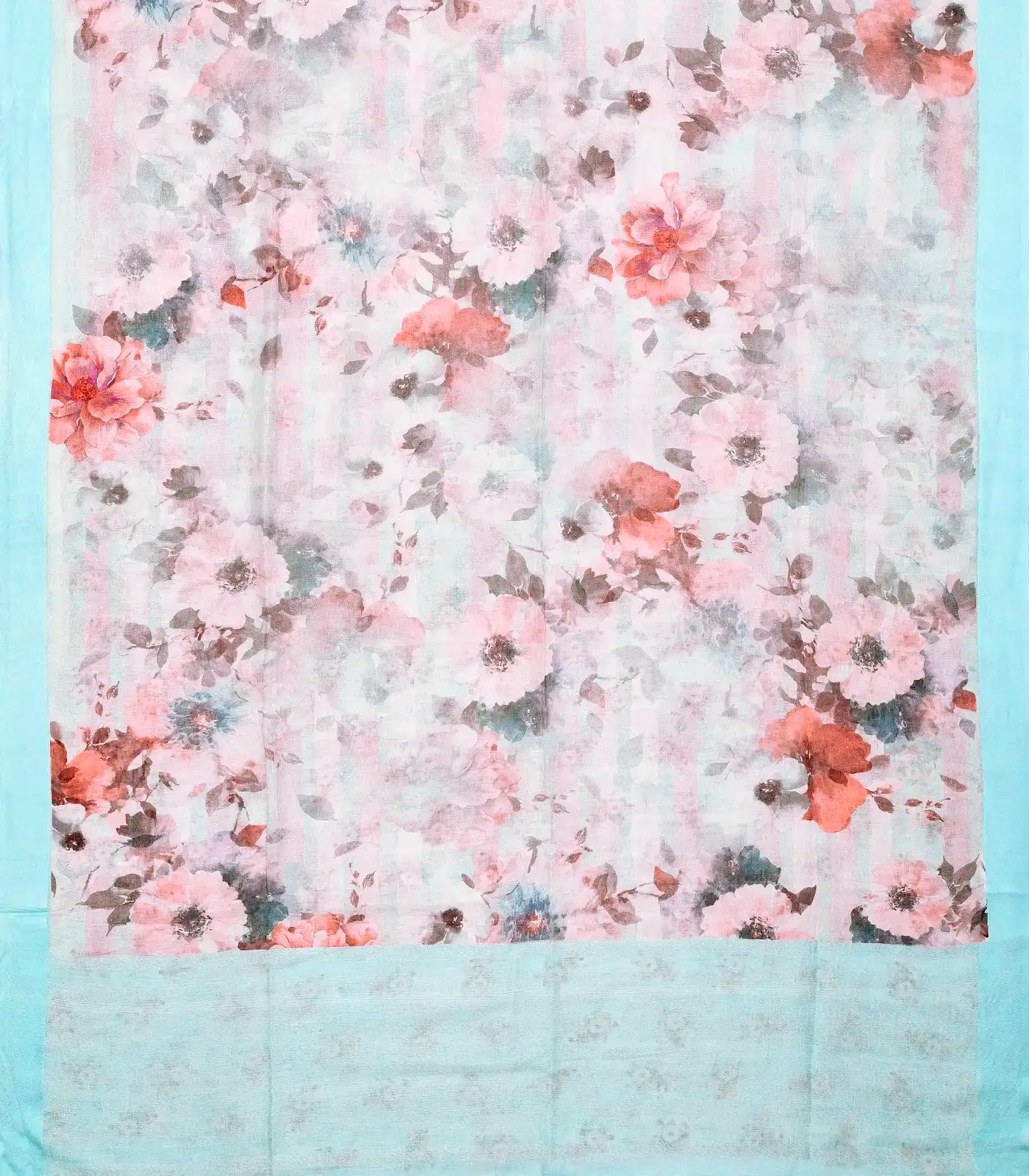 RmKV Sky Blue Handloom Linen Saree With Printed Flowers - view 2