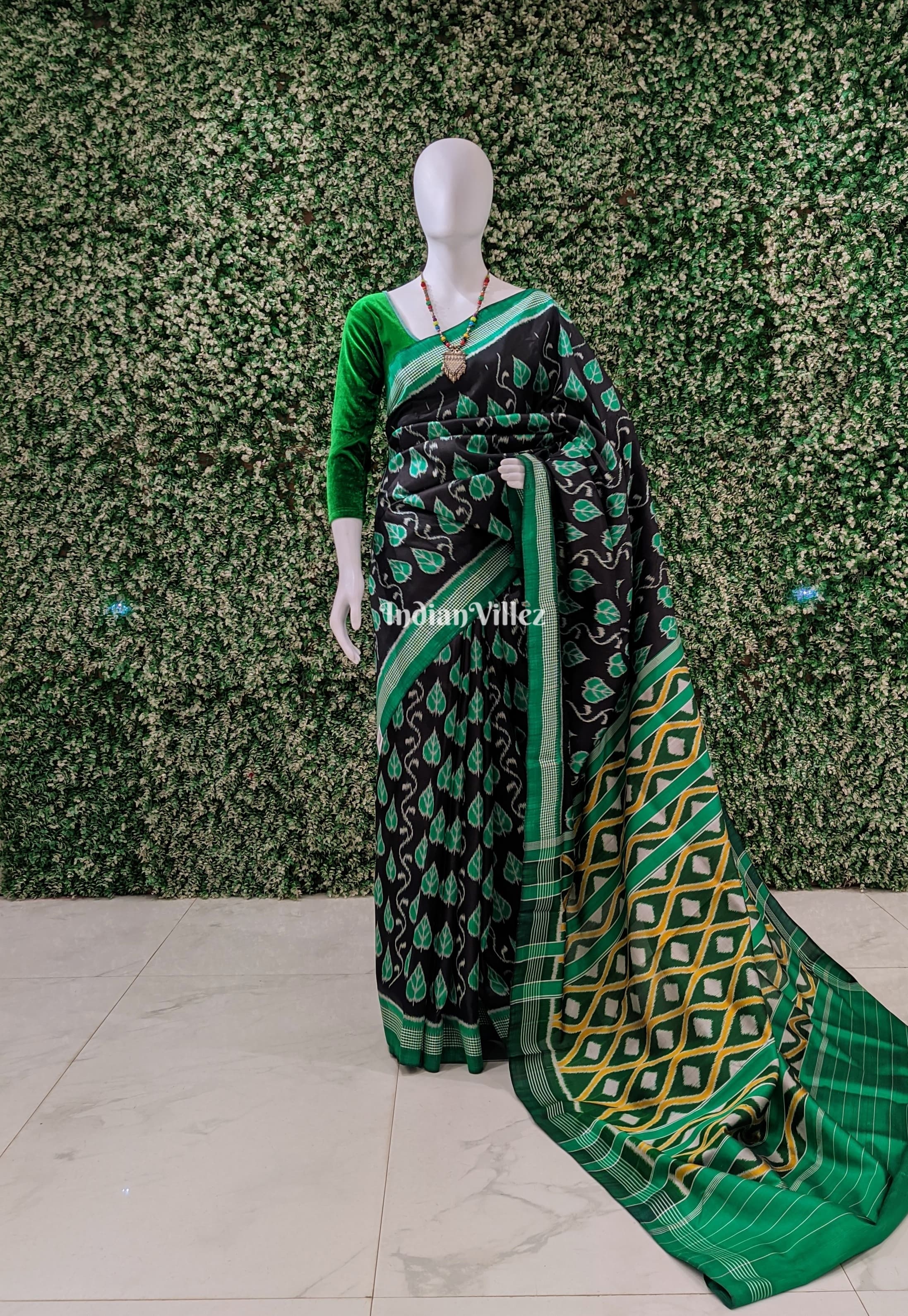 IndianVillèz Black With Green Odisha Ikat Contemporary Silk Saree