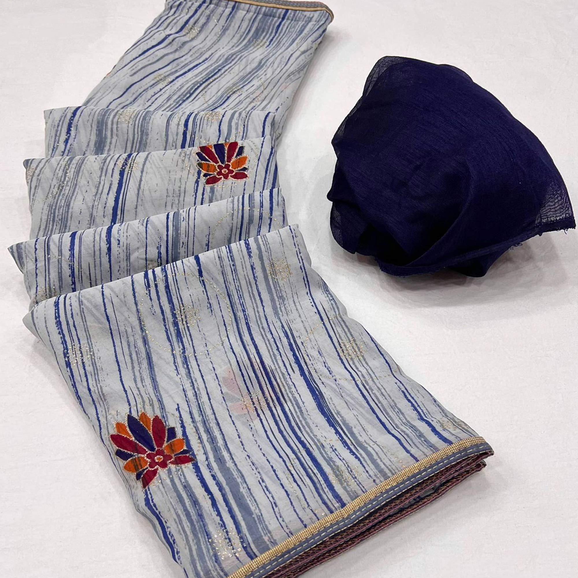 Peachmode Grey Printed Raw Silk Saree With Fancy Border