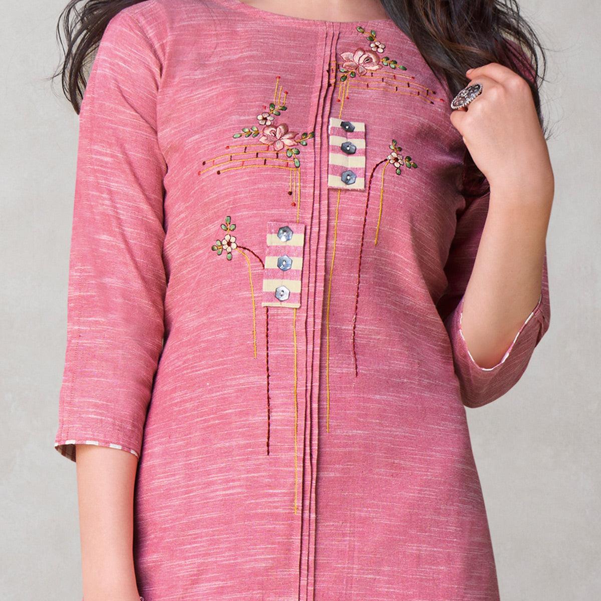 Peachmode Seller Fantastic Pink Colored Party Wear Embroidered Self Weaved Cotton Kurti Pant Set - view 2