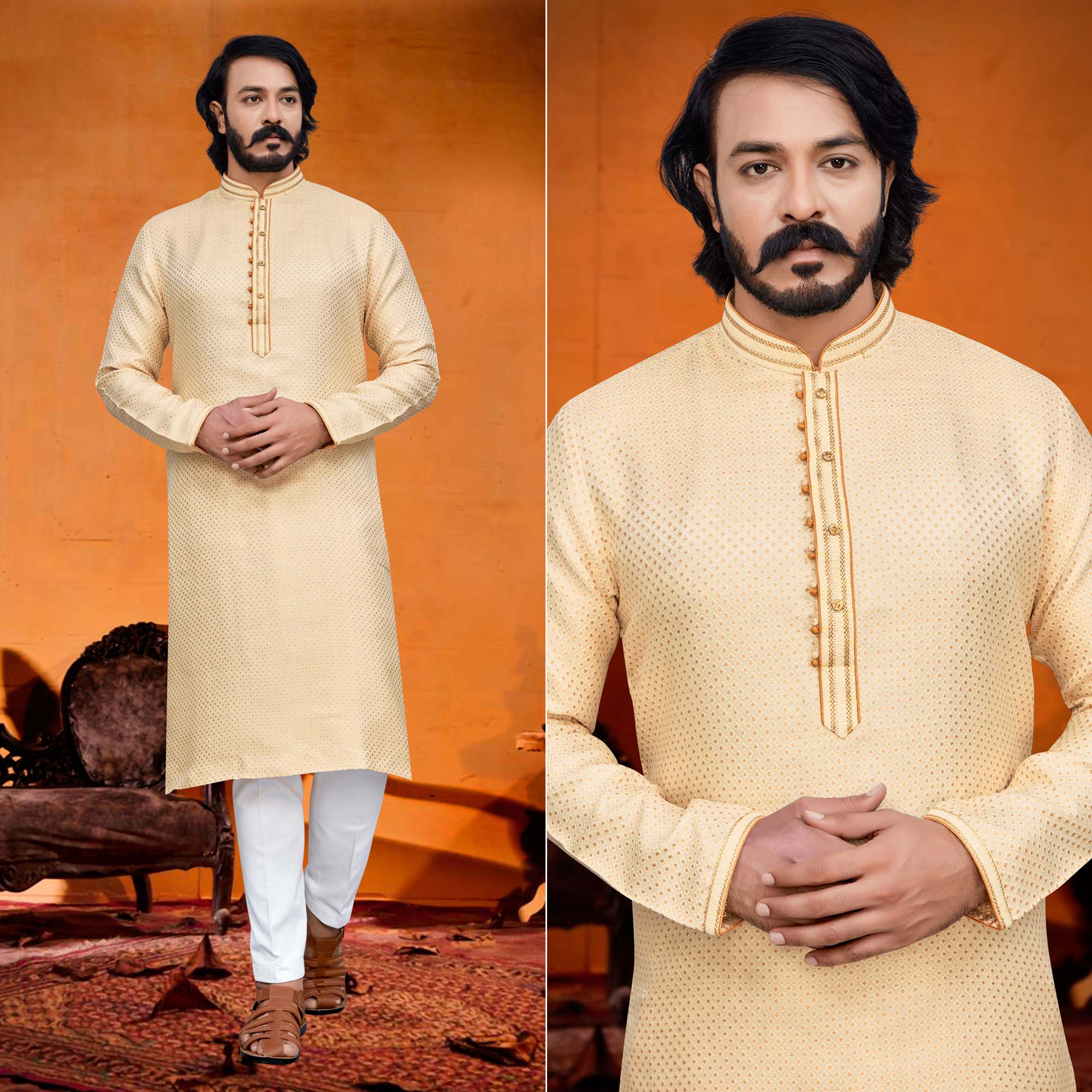 Peachmode Seller Light Yellow Woven Jacquard Kurta Pyjama Set