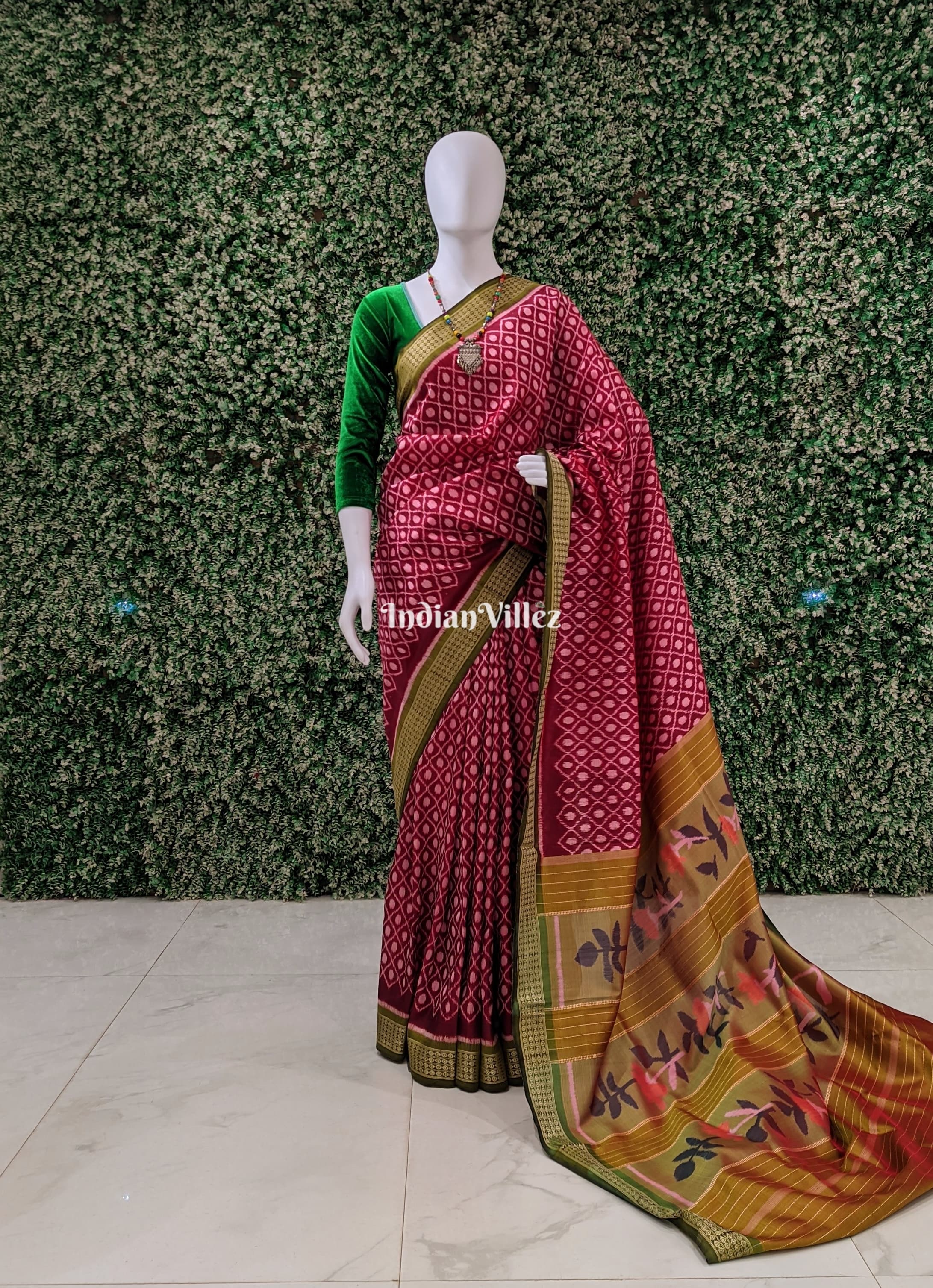 IndianVillèz Maroon Odisha Ikat Contemporary Silk Saree With Exclusive Floral Pallu
