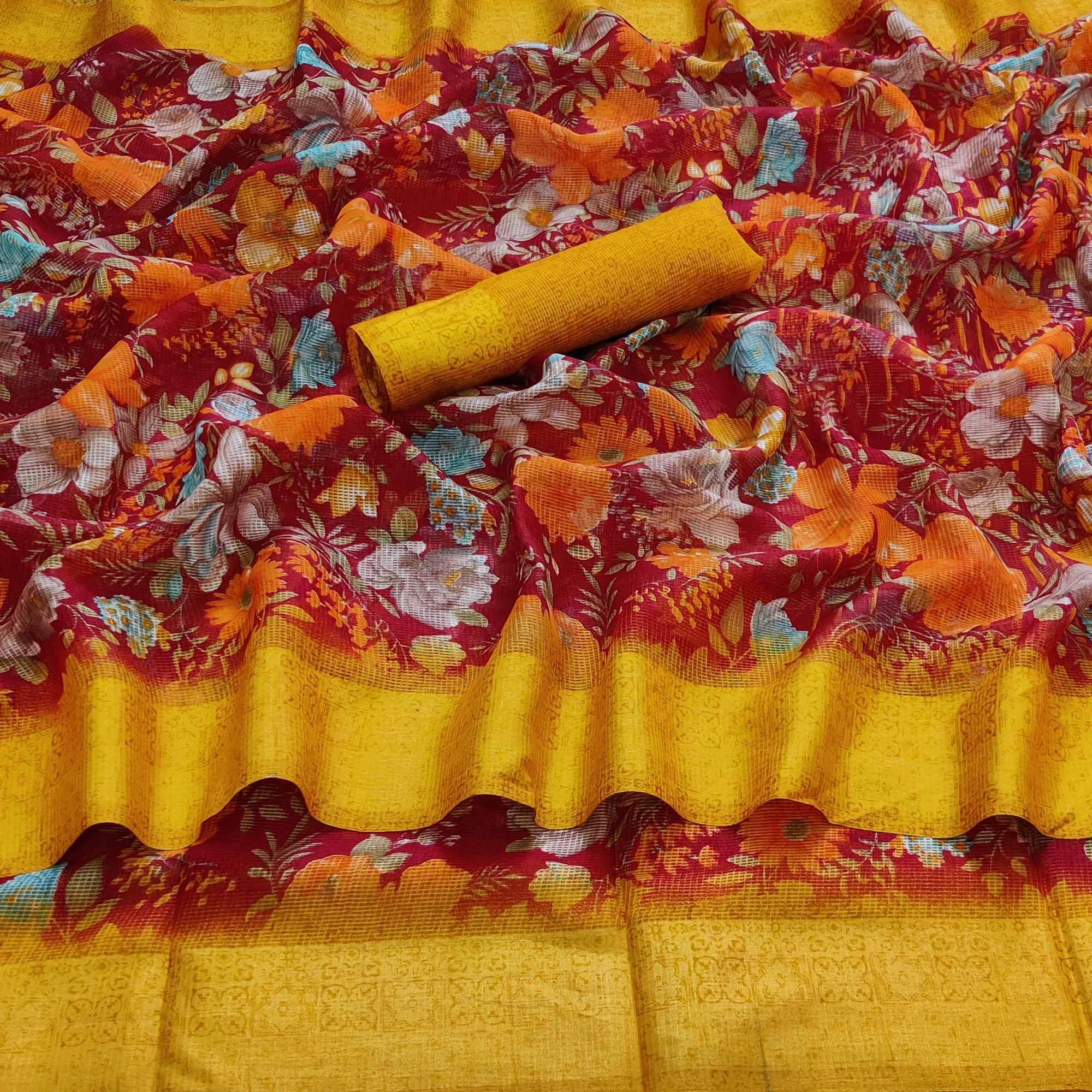 Peachmode Maroon Casual Wear Floral Digital Printed linen Saree