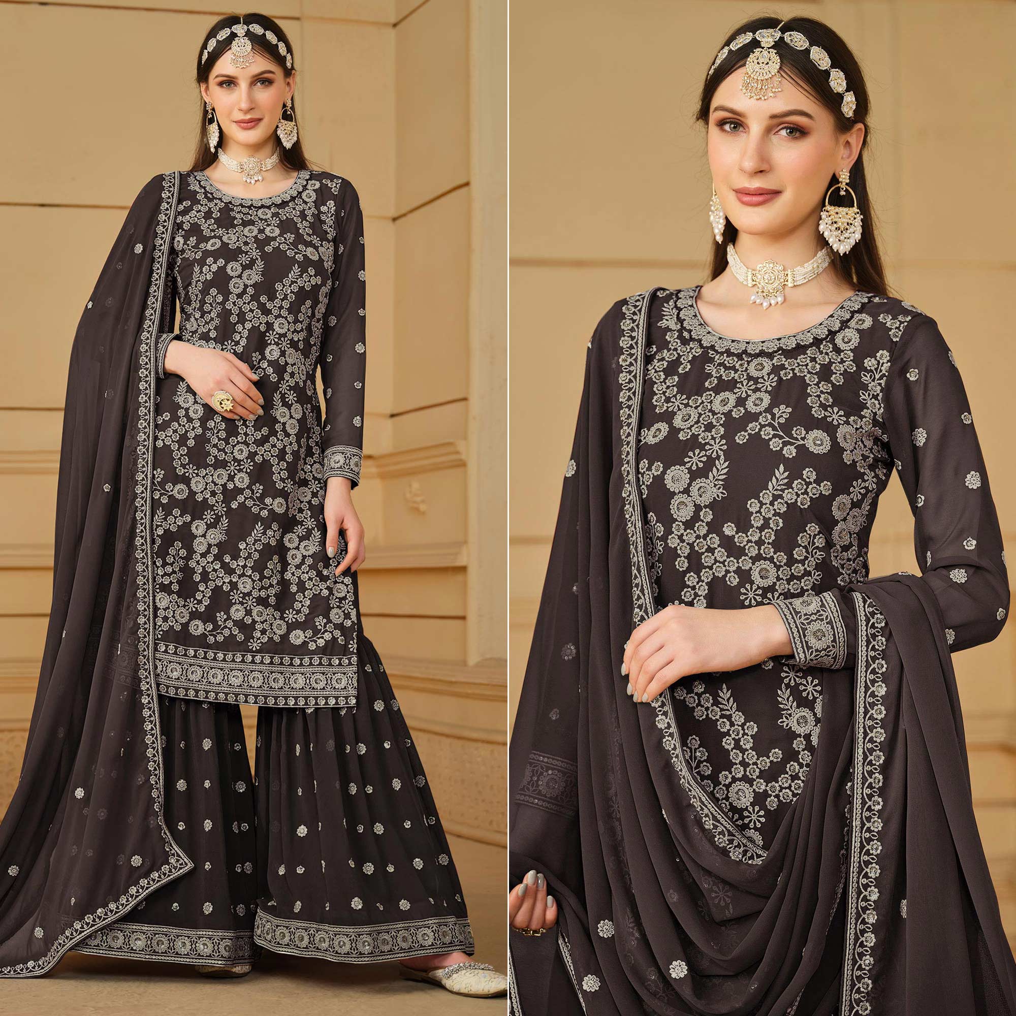 Peachmode Dark Grey Floral Embroidered Georgette Semi Stitched Sharara Suit