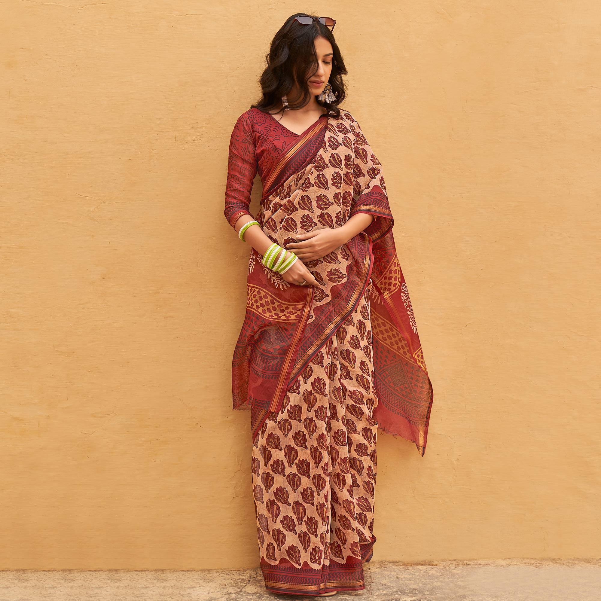 Peachmode Cream Casual Wear Fancy Printed Linen Saree