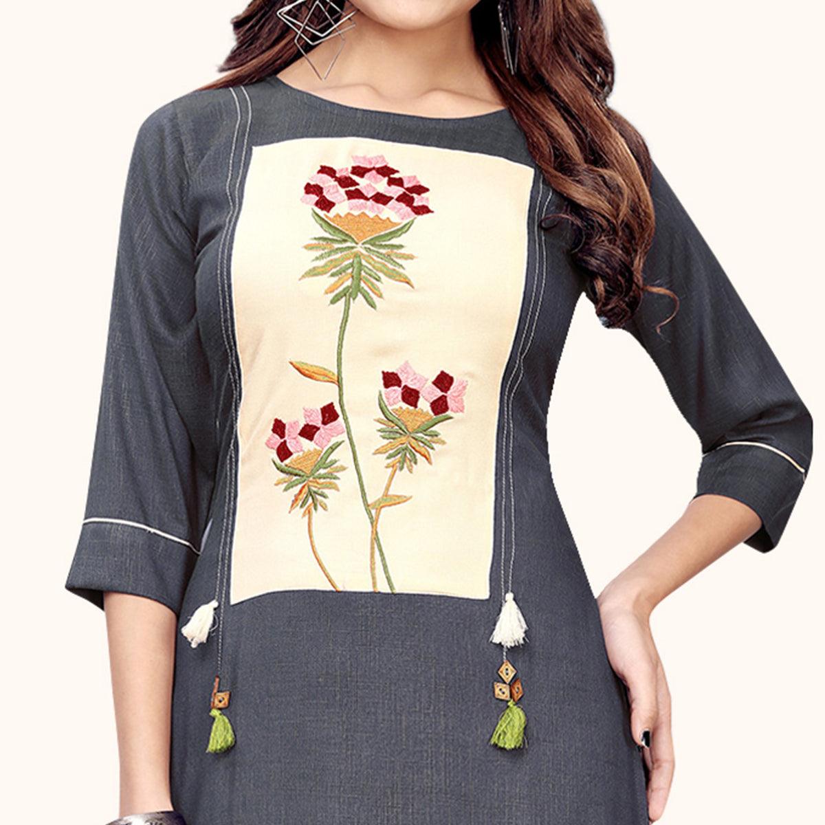 Peachmode Seller Excellent Gray Colored Partywear Embroidered Rayon Kurti - view 2