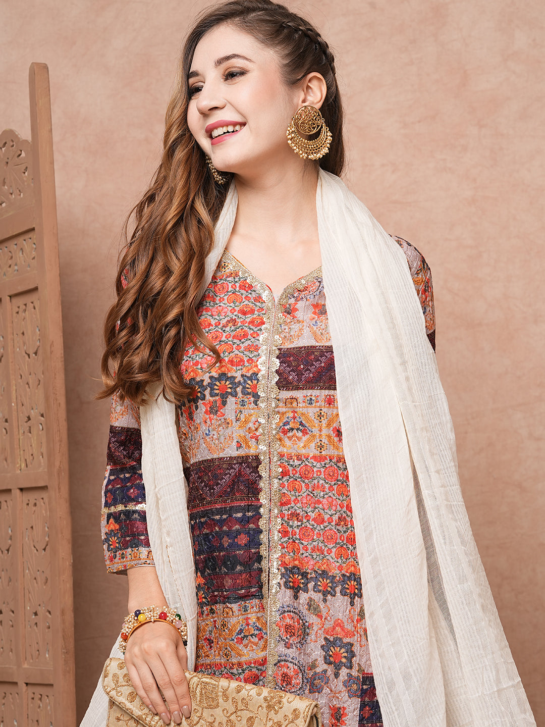 Fashor Multi Printed Sequins & Resham Embroidered kurti with Sharara & Dupatta - Multi - view 2