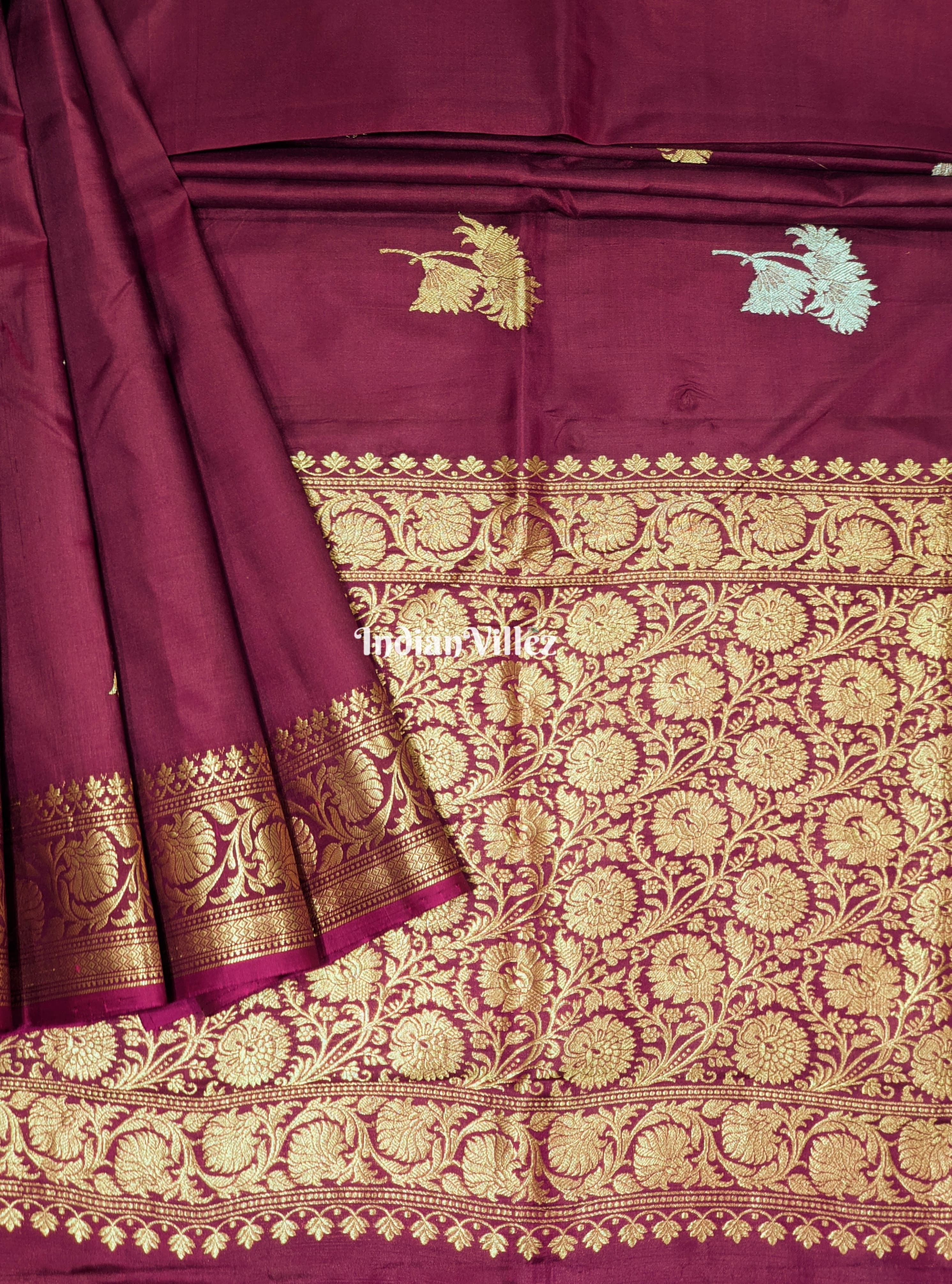 IndianVillèz Wine Floral Designer Katan Silk Banarasi Saree