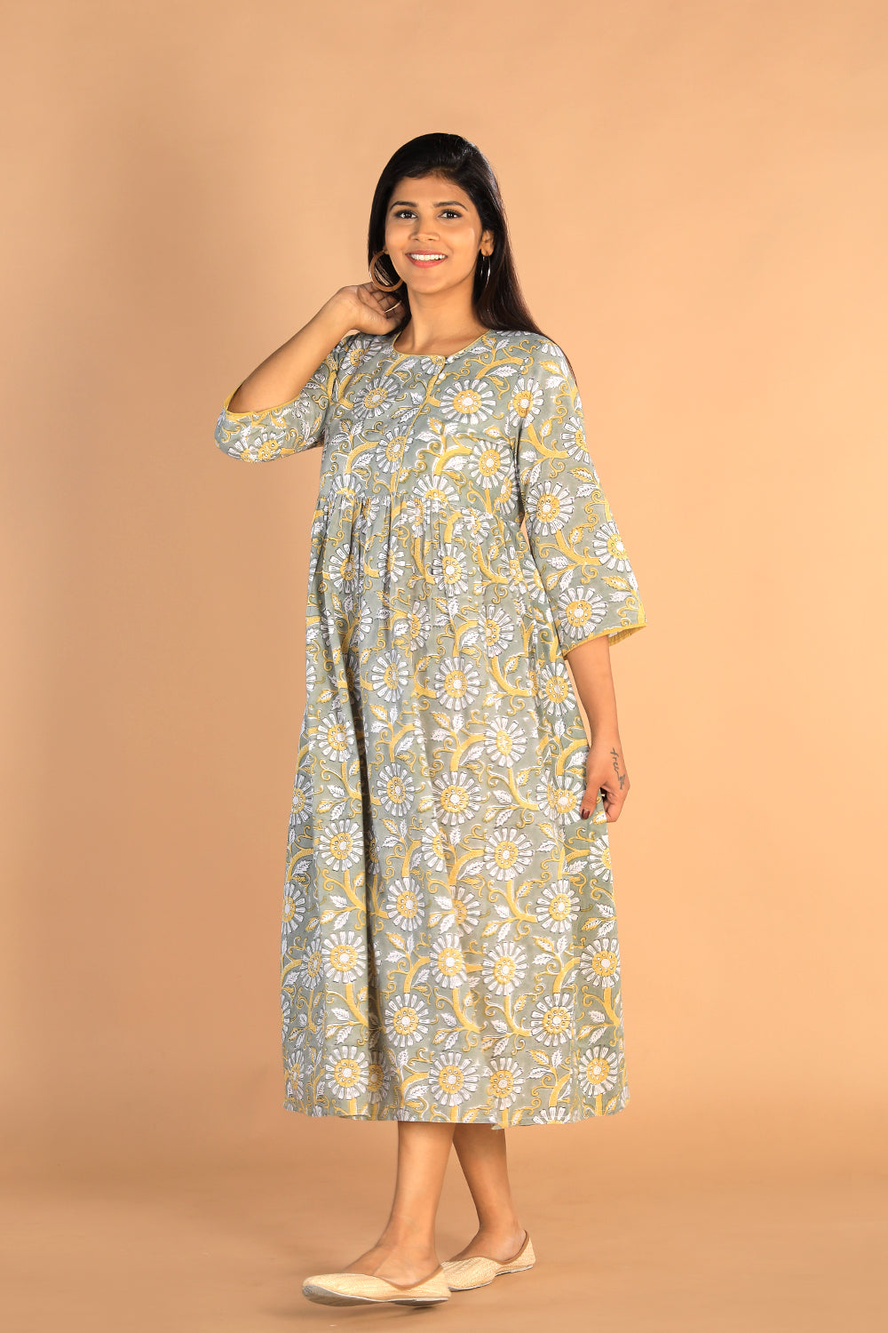 Kalanjali Ethnics Floral Sanganeri hand block printed cotton dress