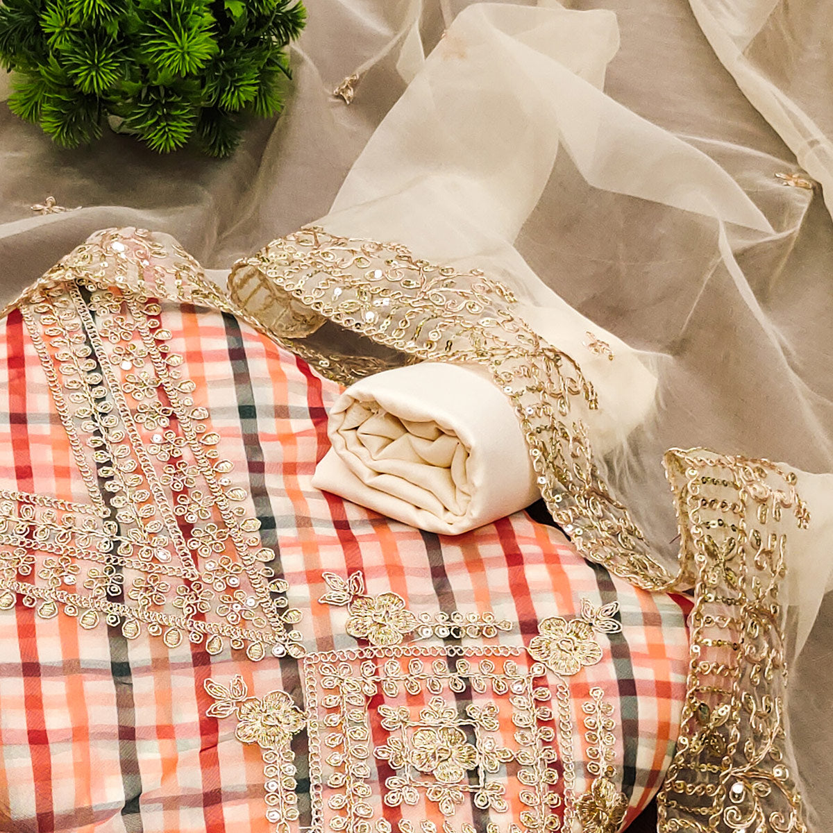 Peachmode Chikoo Digital Printed Organza Dress Material - view 2