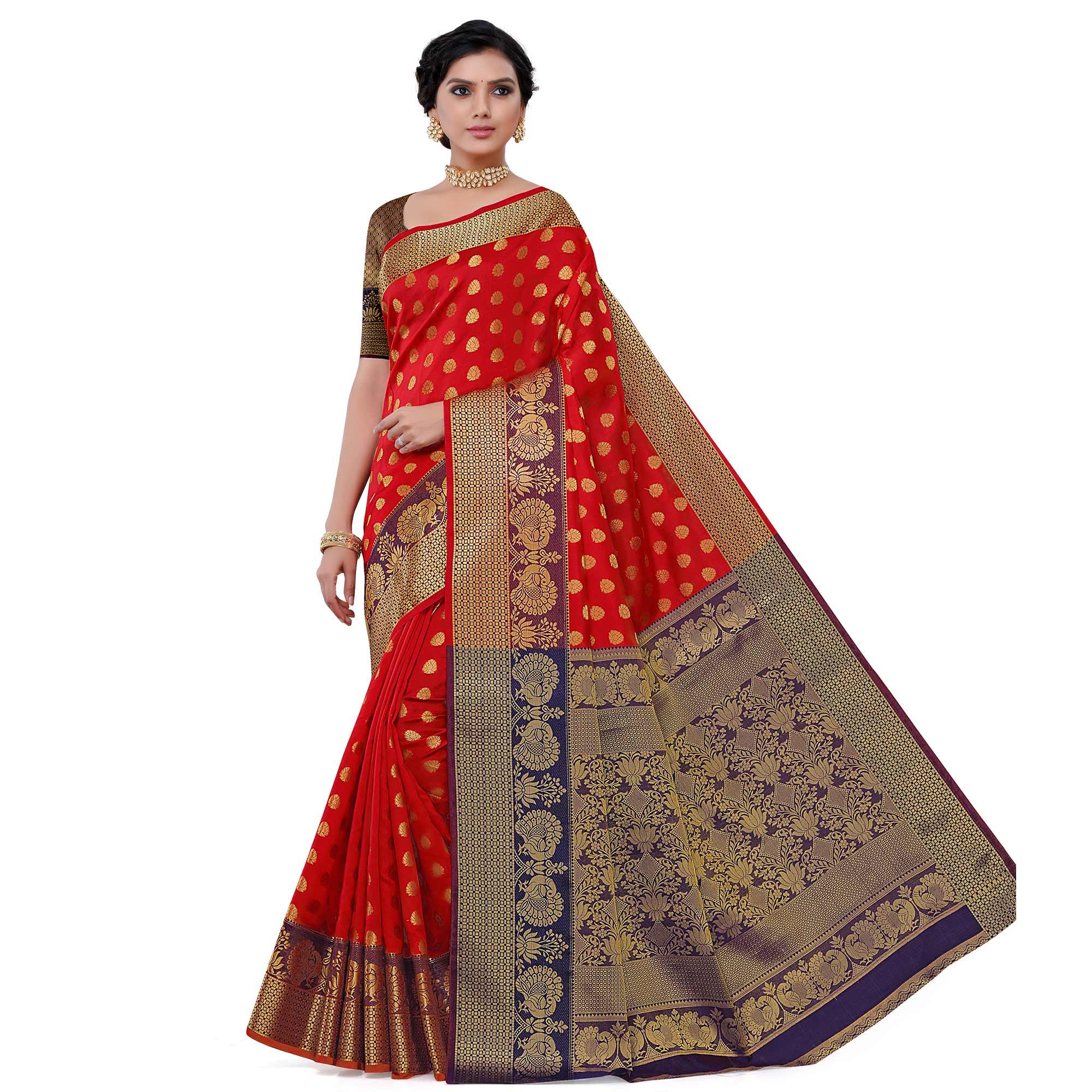 Peachmode Breathtaking Red Colored Festive Wear Woven Kota Art Silk Banarasi Saree