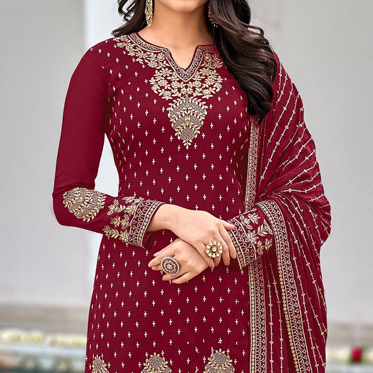 Peachmode Maroon Partywear Sequins & Embroidered Faux Georgette Salwar Suit - view 4