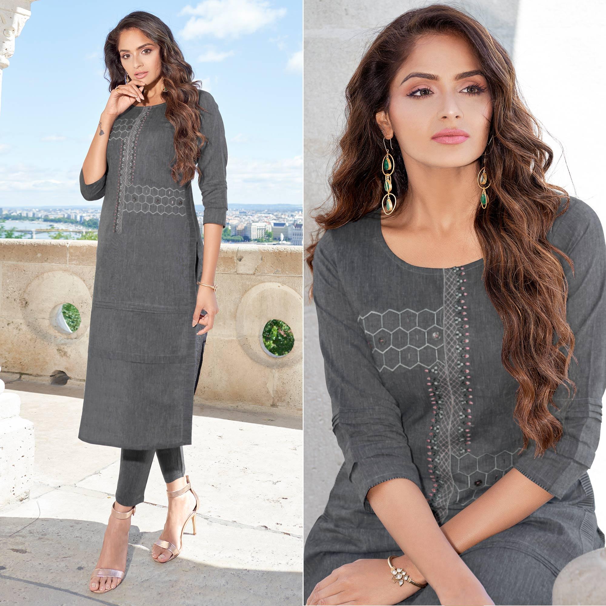 Peachmode Dark Grey Printed With Embroidered Cotton Blend Kurti Pant Set